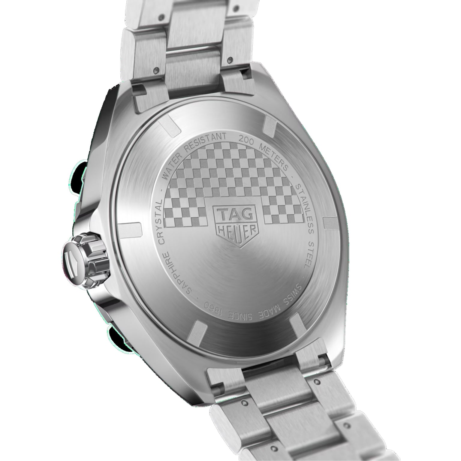 Back of a TAG Heuer Formula 1 Date watch displaying the logo, water resistance, and stainless steel details engraved on the case.