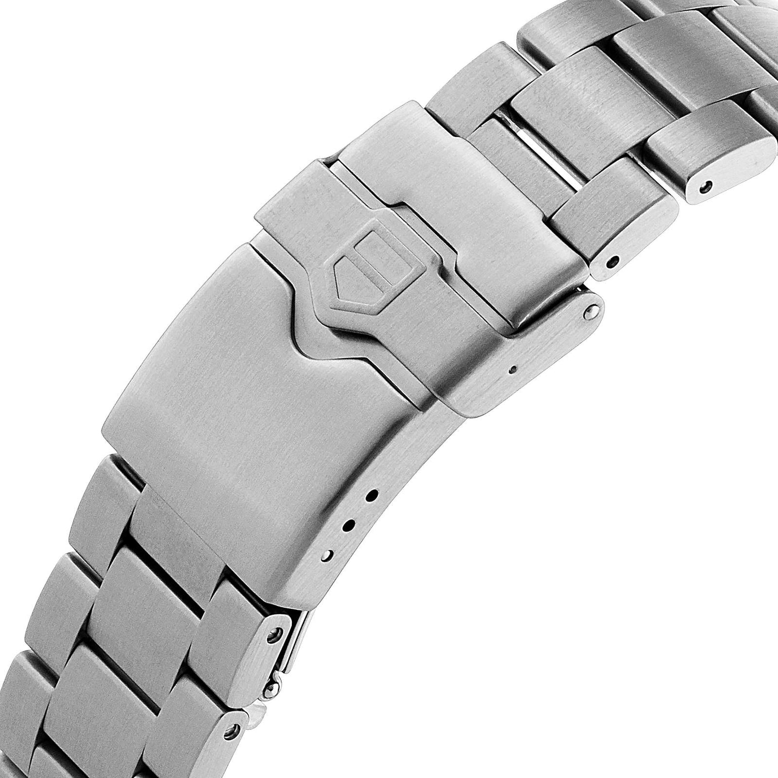 Close-up of the TAG Heuer Formula 1 Dates stainless steel bracelet, featuring a fold-over clasp that highlights the detailed links and secure clasp mechanism.