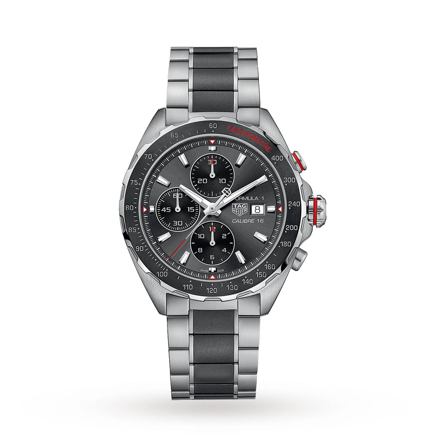 The TAG Heuer Formula 1 Chronograph is a stainless steel watch with a black dial, three subdials, date display, and tachymeter bezel on a metal bracelet—featuring precision Calibre 16 movement.