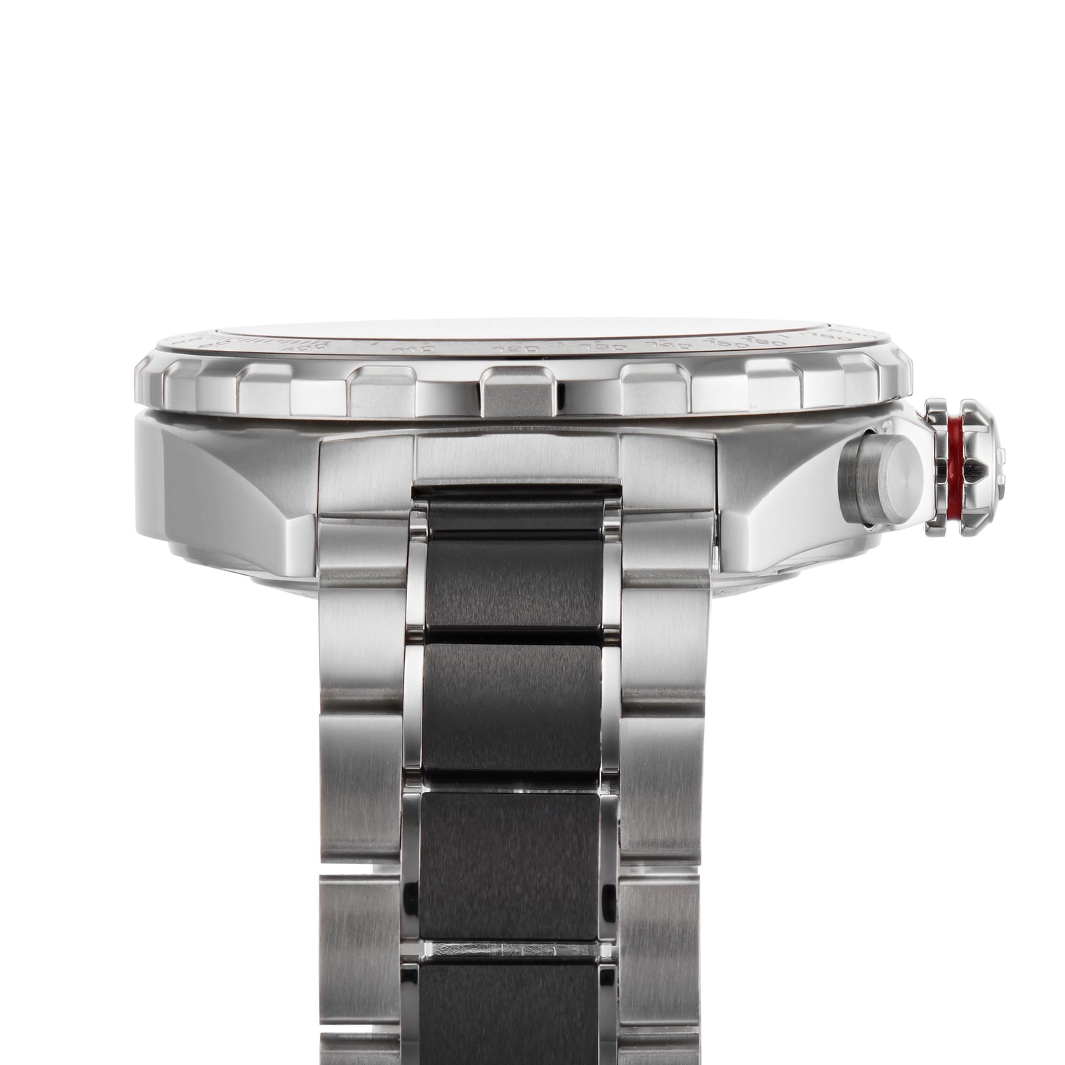 Close-up side view of a TAG Heuer Formula 1 Chronograph wristwatch with a stainless steel bracelet and a prominent crown on the right.