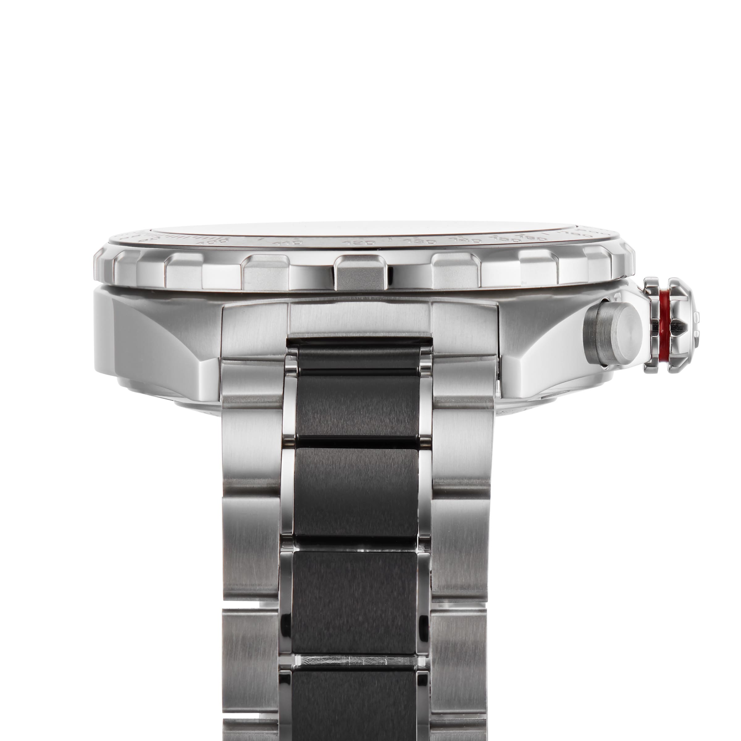 Close-up side view of a TAG Heuer Formula 1 Chronograph wristwatch with a stainless steel bracelet and a prominent crown on the right.