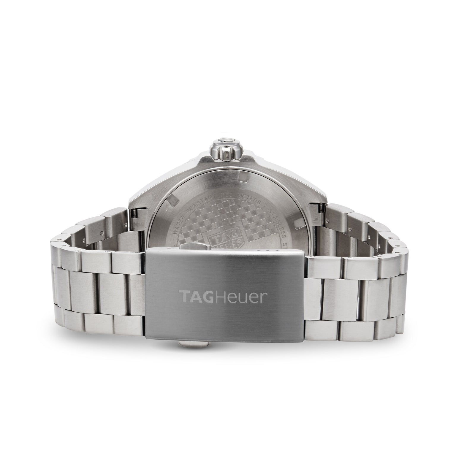 Back view of the TAG Heuer Formula 1 Date watch, showcasing its silver metal bracelet, branded clasp, and engraved case back.