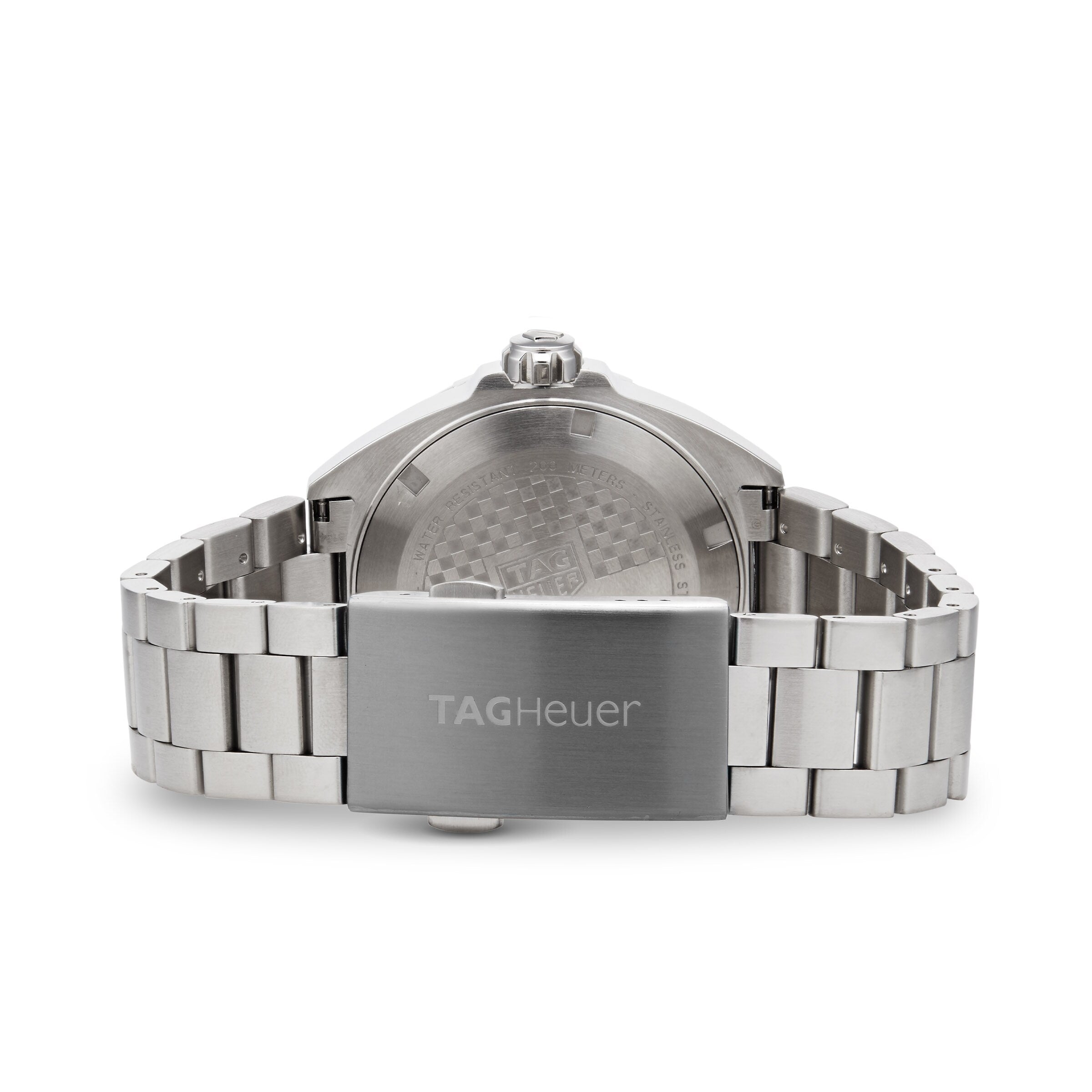 Back view of the TAG Heuer Formula 1 Date watch, showcasing its silver metal bracelet, branded clasp, and engraved case back.