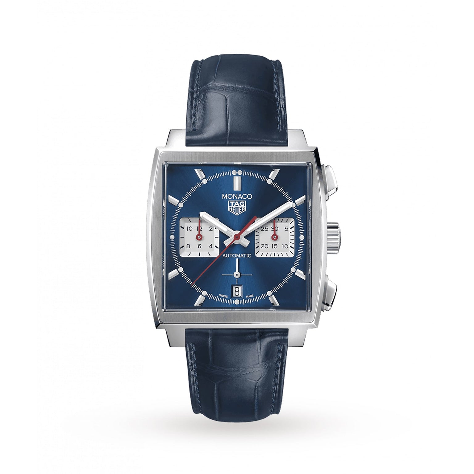 The TAG Heuer Monaco Chronograph features a square face, blue dial, two white subdials, silver markers, and a blue leather strap, all powered by the advanced Heuer 02 movement.