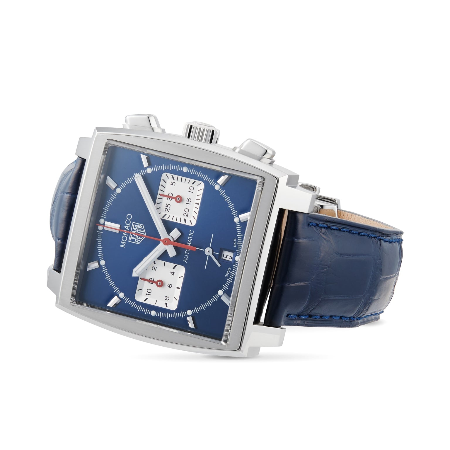 The TAG Heuer Monaco Chronograph features a square face, blue dial with two white subdials, red second hand, silver case, Heuer 02 movement, and a blue leather strap.