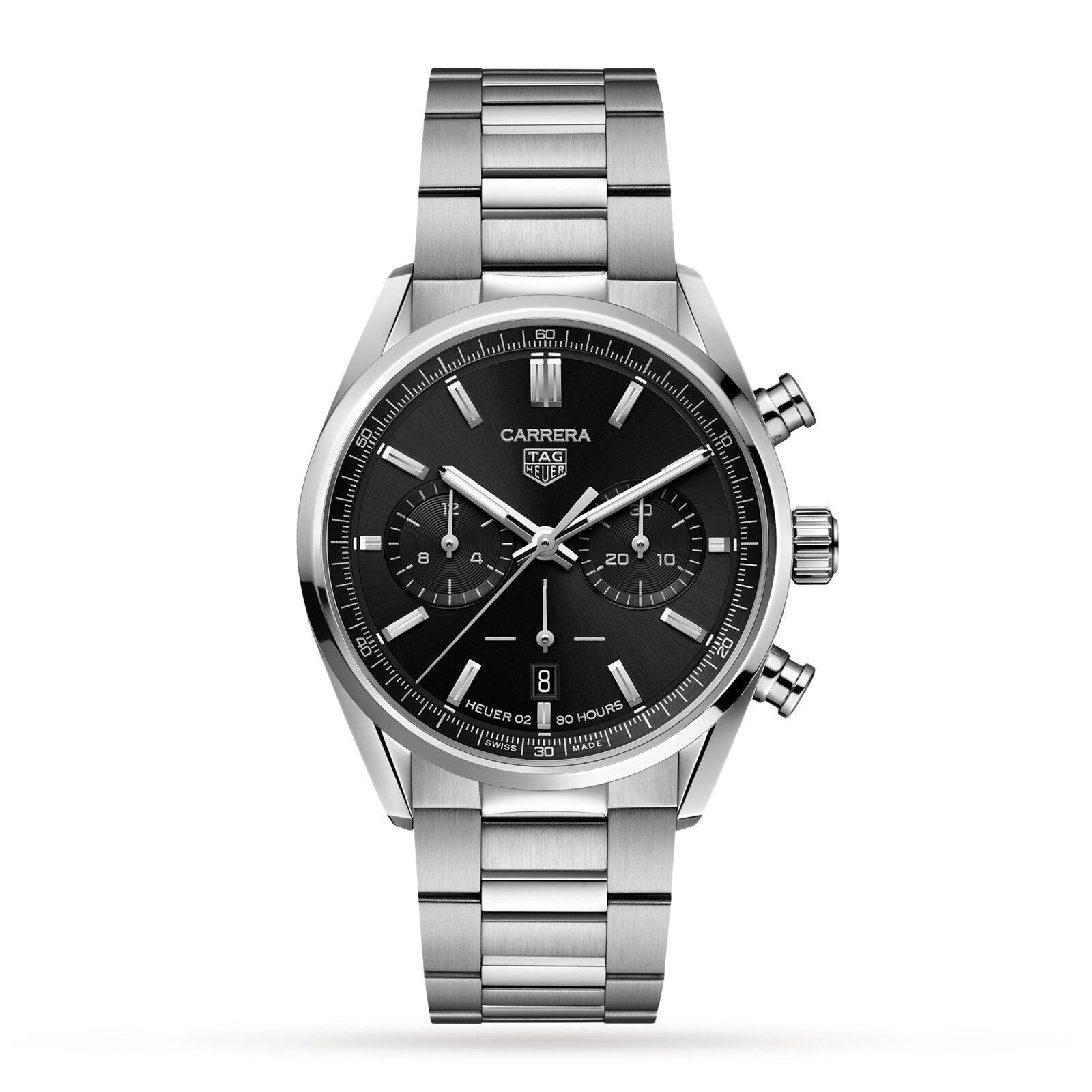 The TAG Heuer Carrera Chronograph is a stainless steel wristwatch with a black dial, three subdials, metal bracelet, and Heuer 02 movement, reflecting motor-racing heritage and shown on a white background.