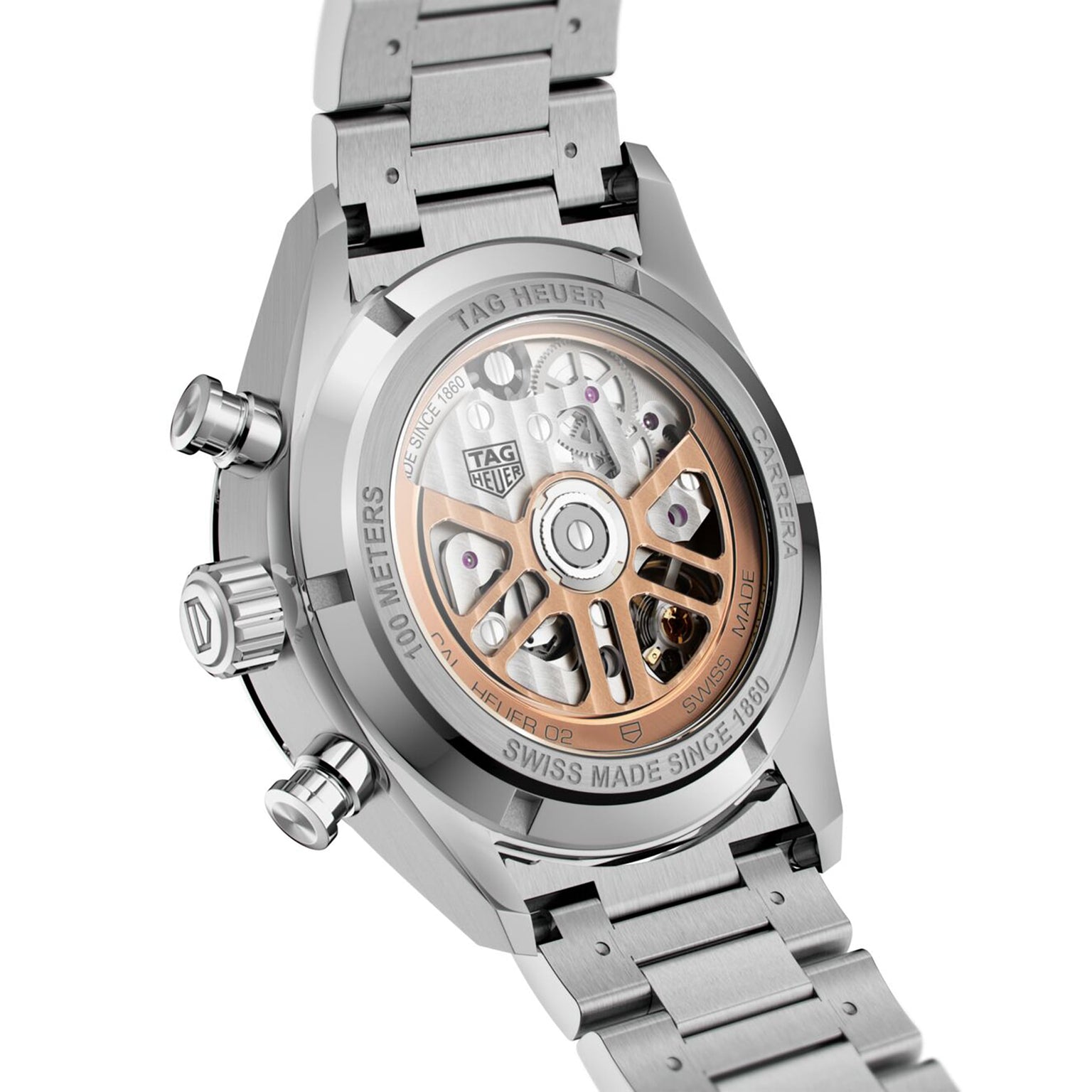 Close-up of the TAG Heuer Carrera Chronographs transparent case back reveals the calibre Heuer 02 movement and its stainless steel bracelet—a tribute to TAG Heuer’s motor-racing heritage.