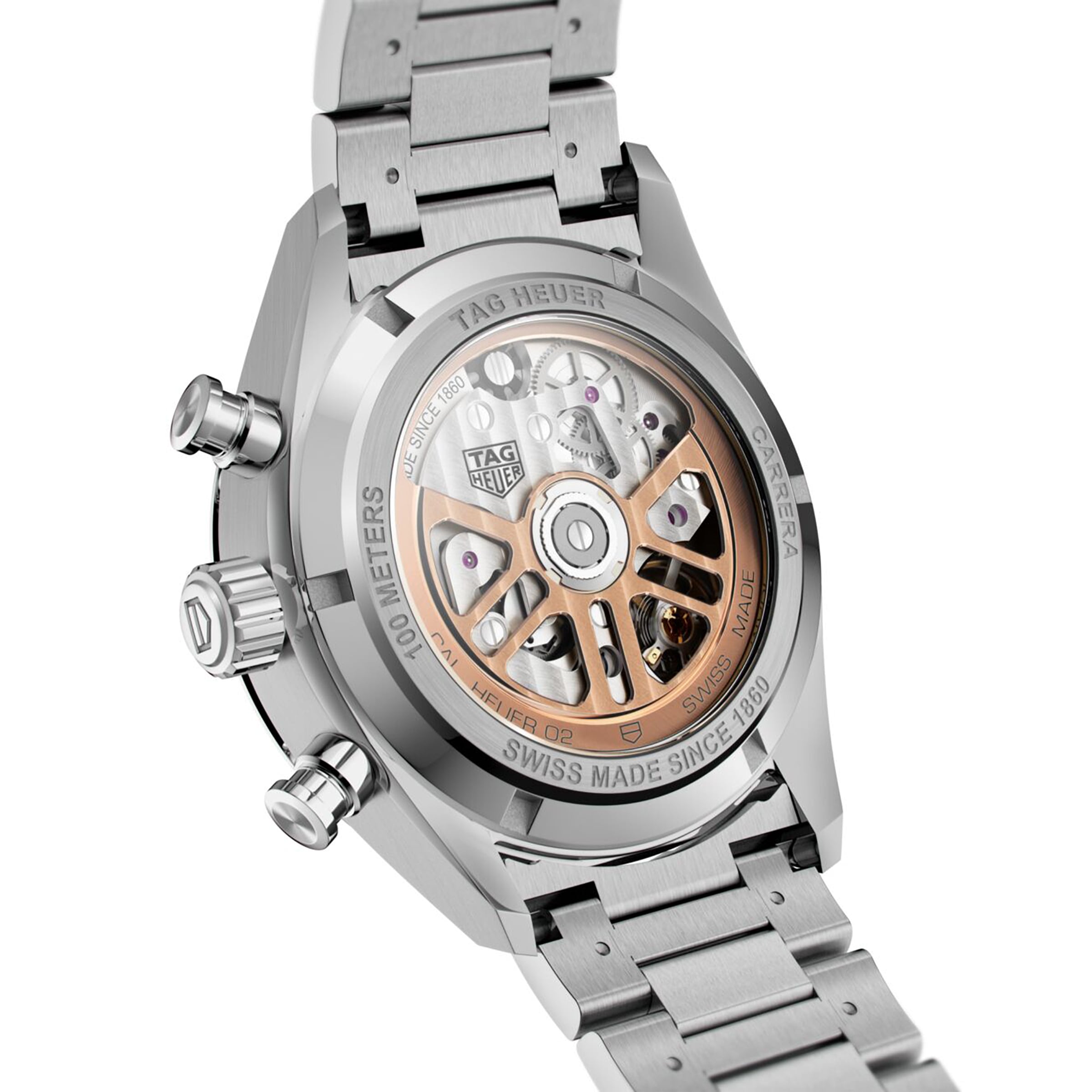 Close-up of the TAG Heuer Carrera Chronographs transparent case back reveals the calibre Heuer 02 movement and its stainless steel bracelet—a tribute to TAG Heuer’s motor-racing heritage.