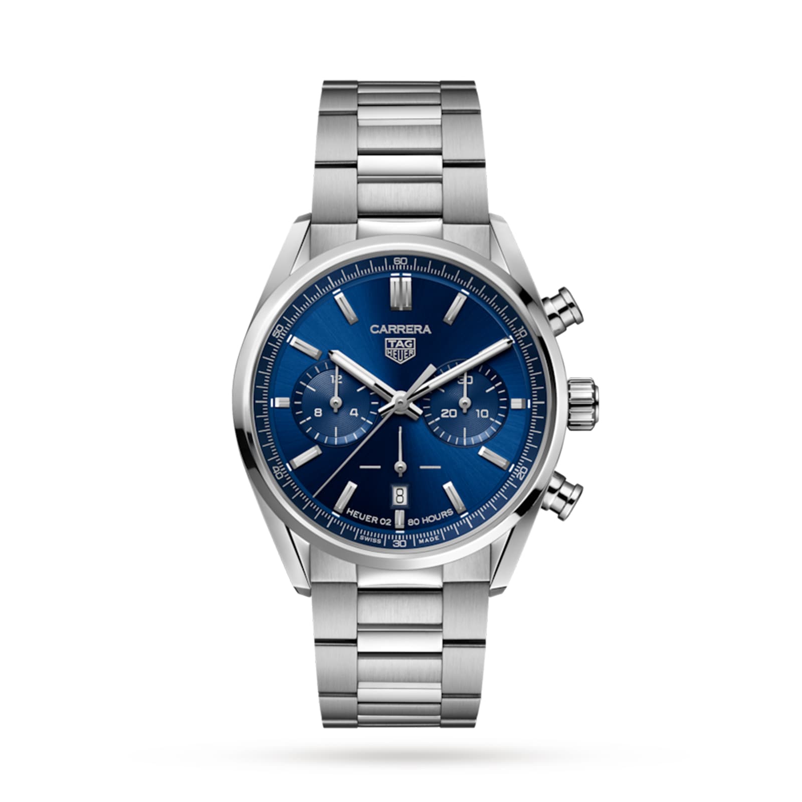 The TAG Heuer Carrera Chronograph features a blue dial with three subdials and a stainless steel bracelet, highlighting its motor-racing design against a white background.