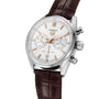 TAG Heuer Carrera Chronograph watch featuring a white dial, gold accents, and a brown leather strap.