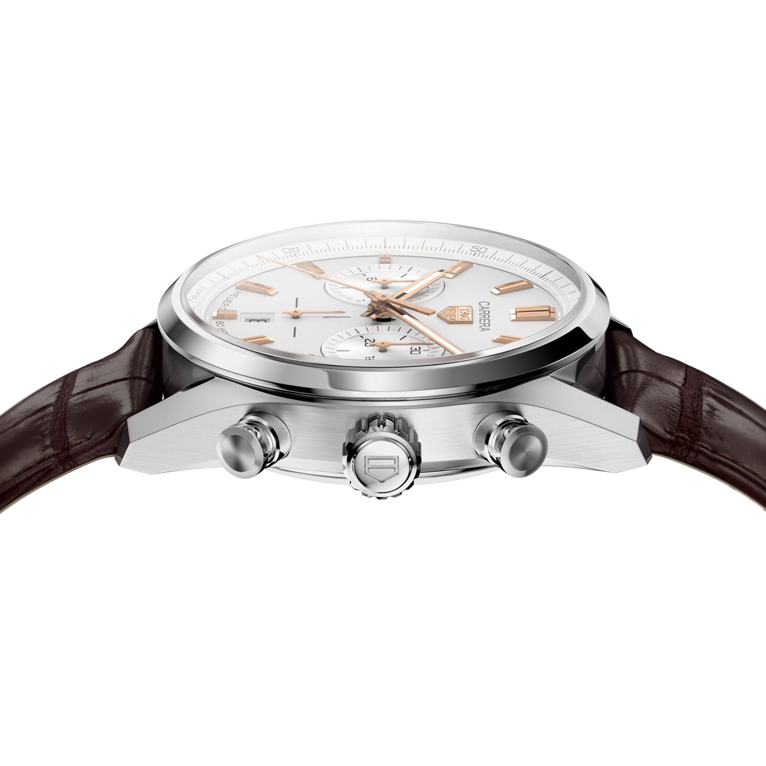 Side view of a silver TAG Heuer Carrera Chronograph wristwatch with a brown leather strap, stainless steel case, two pushers and a crown, powered by automatic movement.