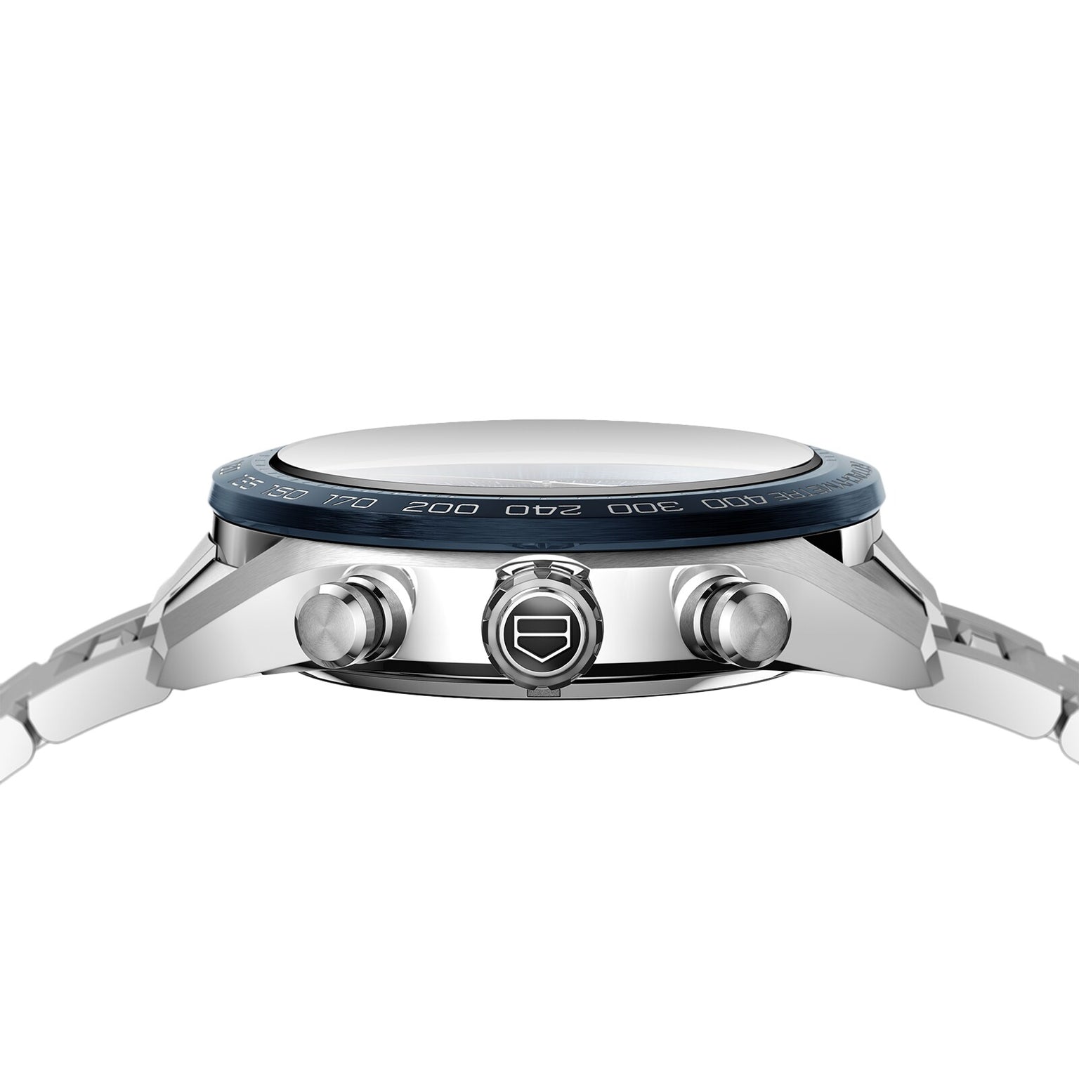 Side view of a TAG Heuer Carrera Chronograph with a metal band, two push buttons, logo-engraved crown, and blue bezel with numerical markings—highlighting its refined design and automatic movement.