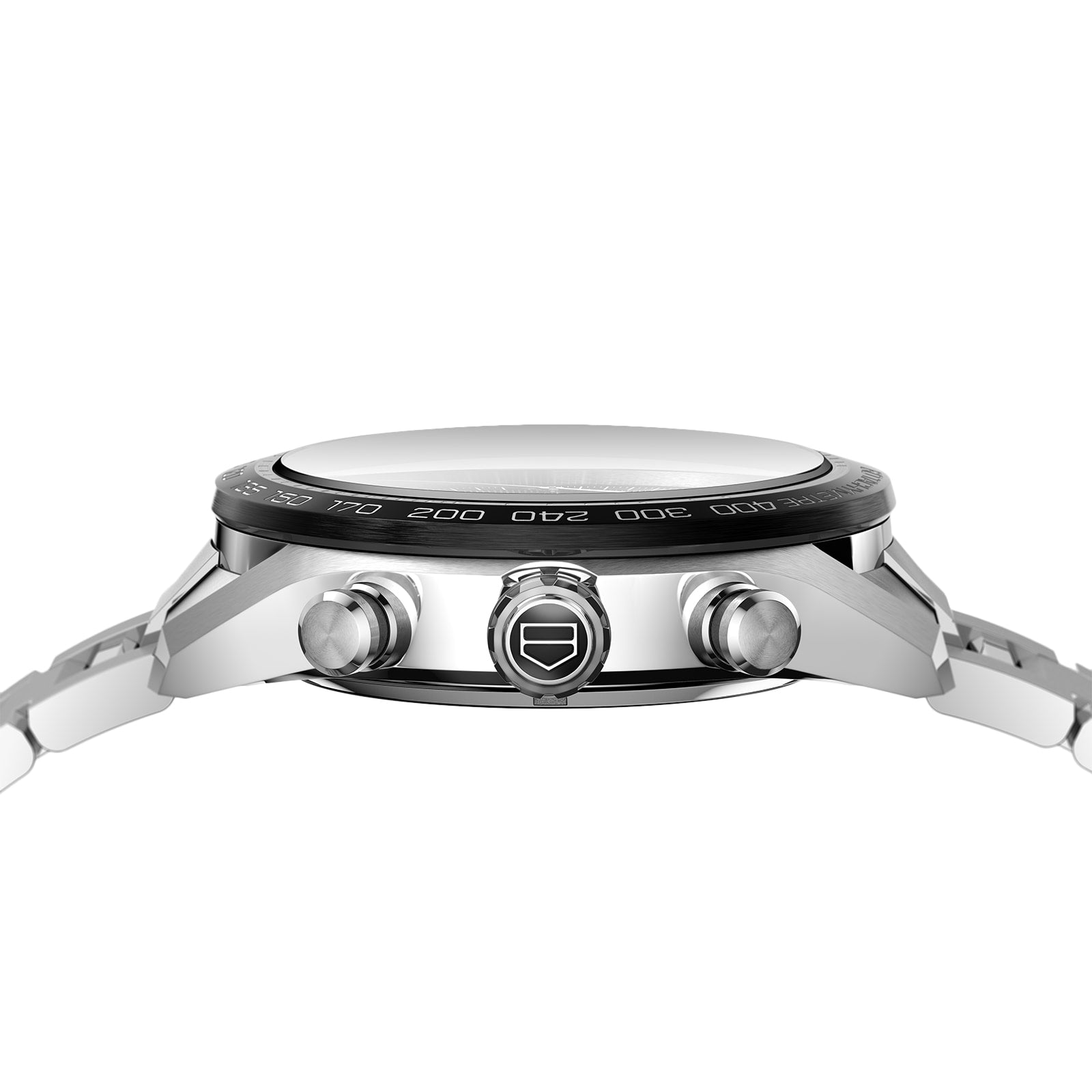 Side view of a TAG Heuer Carrera Chronograph wristwatch on a metal bracelet, featuring two push buttons, a logo-engraved crown, and powered by the Calibre 02 Automatic movement.