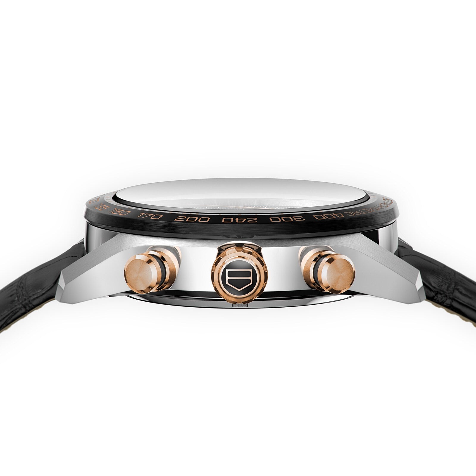 Side view of a TAG Heuer Carrera Chronograph with a silver case, black bezel, two gold pushers, and a gold crown, featuring the Heuer 02 calibre and a black leather strap, shown against a white background.