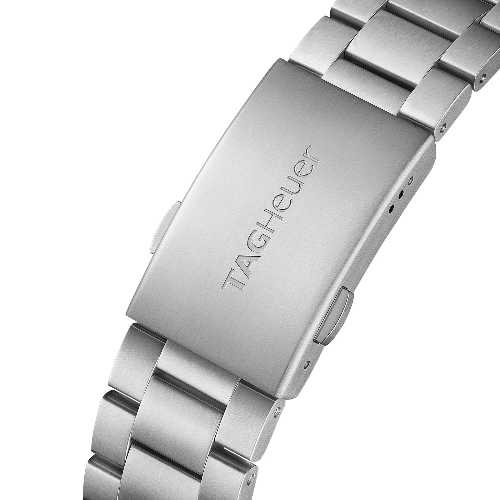 Close-up of a stainless steel clasp on the TAG Heuer Special Edition Formula 1 Chronograph x Red Bull Racing watch, engraved with the logo and attached to a matching metal band inspired by Formula 1.