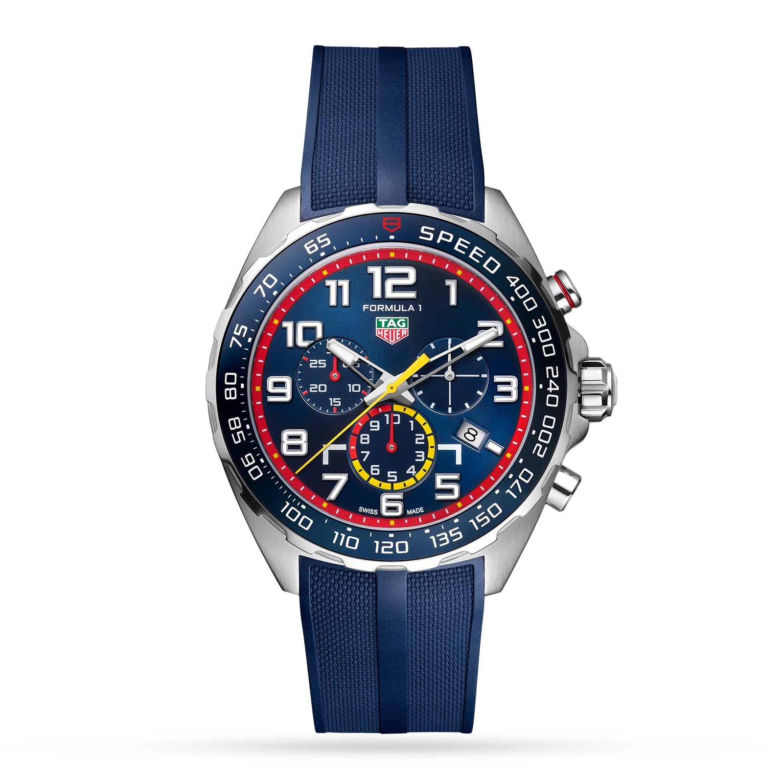The TAG Heuer Special Edition Formula 1 Chronograph x Red Bull Racing features a blue strap, colorful accents, and three subdials.