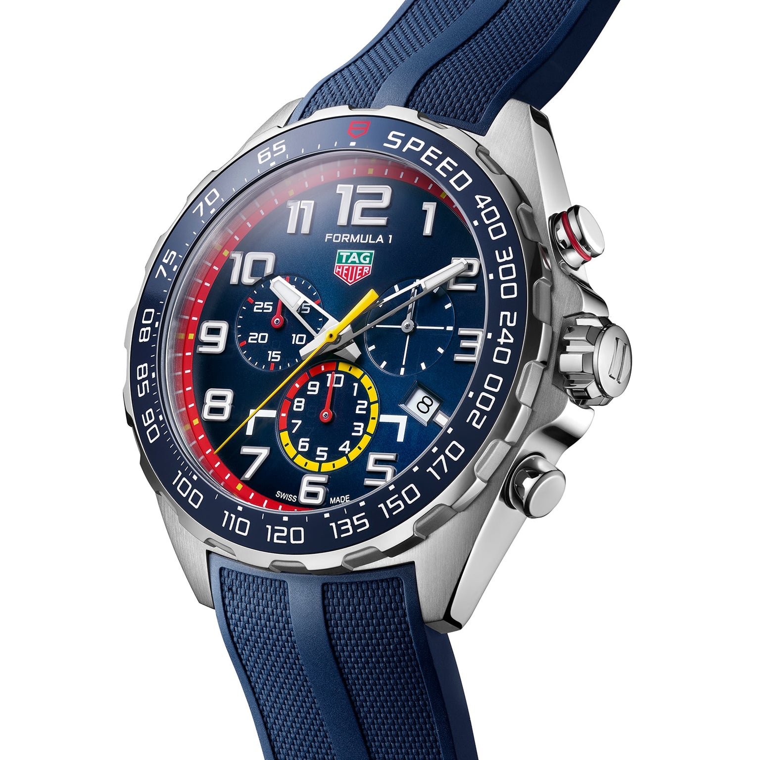 A close-up of the TAG Heuer Special Edition Formula 1 Chronograph x Red Bull Racing with a blue face, three subdials, a silver bezel, and a blue textured strap.