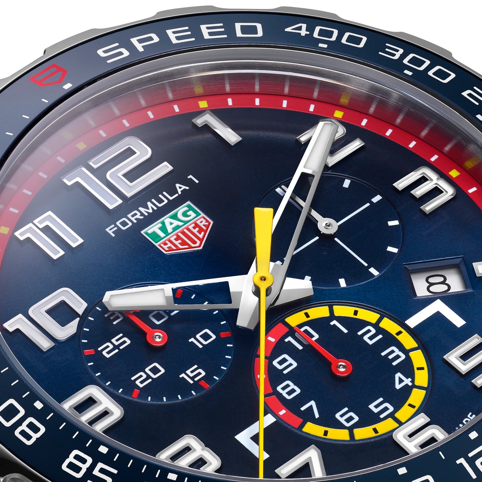 Close-up of the TAG Heuer Special Edition Formula 1 Chronograph x Red Bull Racing watch face, showcasing multiple dials, a date display, and tachymeter bezel—an iconic design inspired by Red Bull Racing.