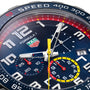 Close-up of the TAG Heuer Special Edition Formula 1 Chronograph x Red Bull Racing watch face, showcasing multiple dials, a date display, and tachymeter bezel—an iconic design inspired by Red Bull Racing.