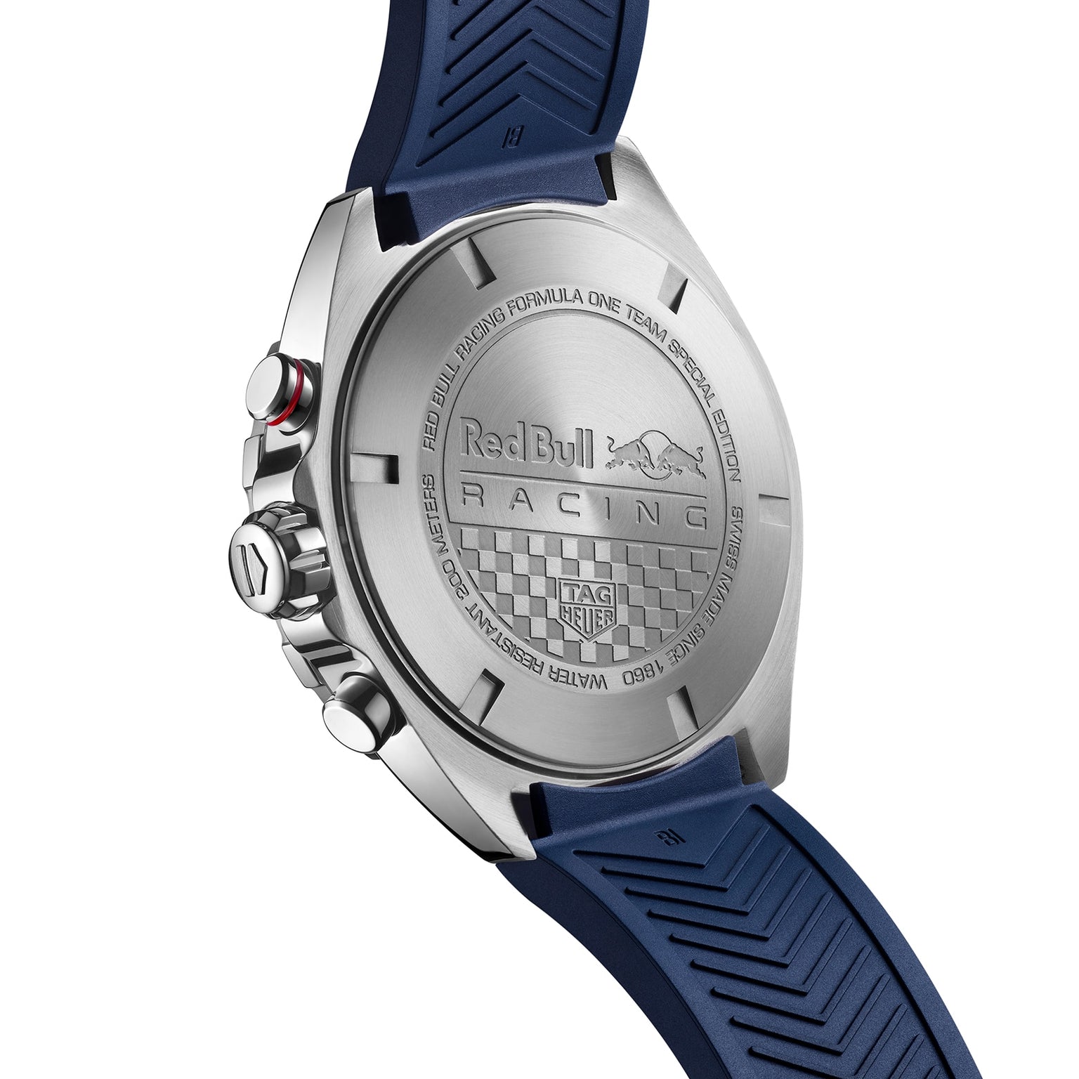 Close-up of the back of a TAG Heuer Special Edition Formula 1 Chronograph x Red Bull Racing watch, showcasing engraved logos and a blue rubber strap.