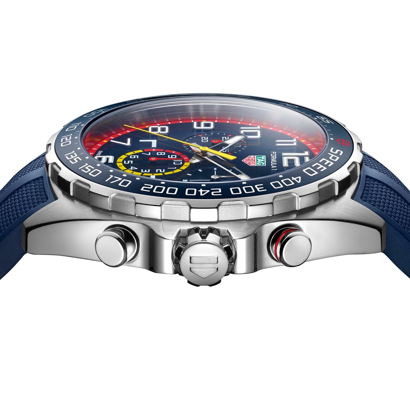 Side view of the TAG Heuer Special Edition Formula 1 Chronograph x Red Bull Racing, showing its blue strap, stainless steel case, and visible crown and pushers.