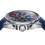 Side view of the TAG Heuer Special Edition Formula 1 Chronograph x Red Bull Racing, showing its blue strap, stainless steel case, and visible crown and pushers.