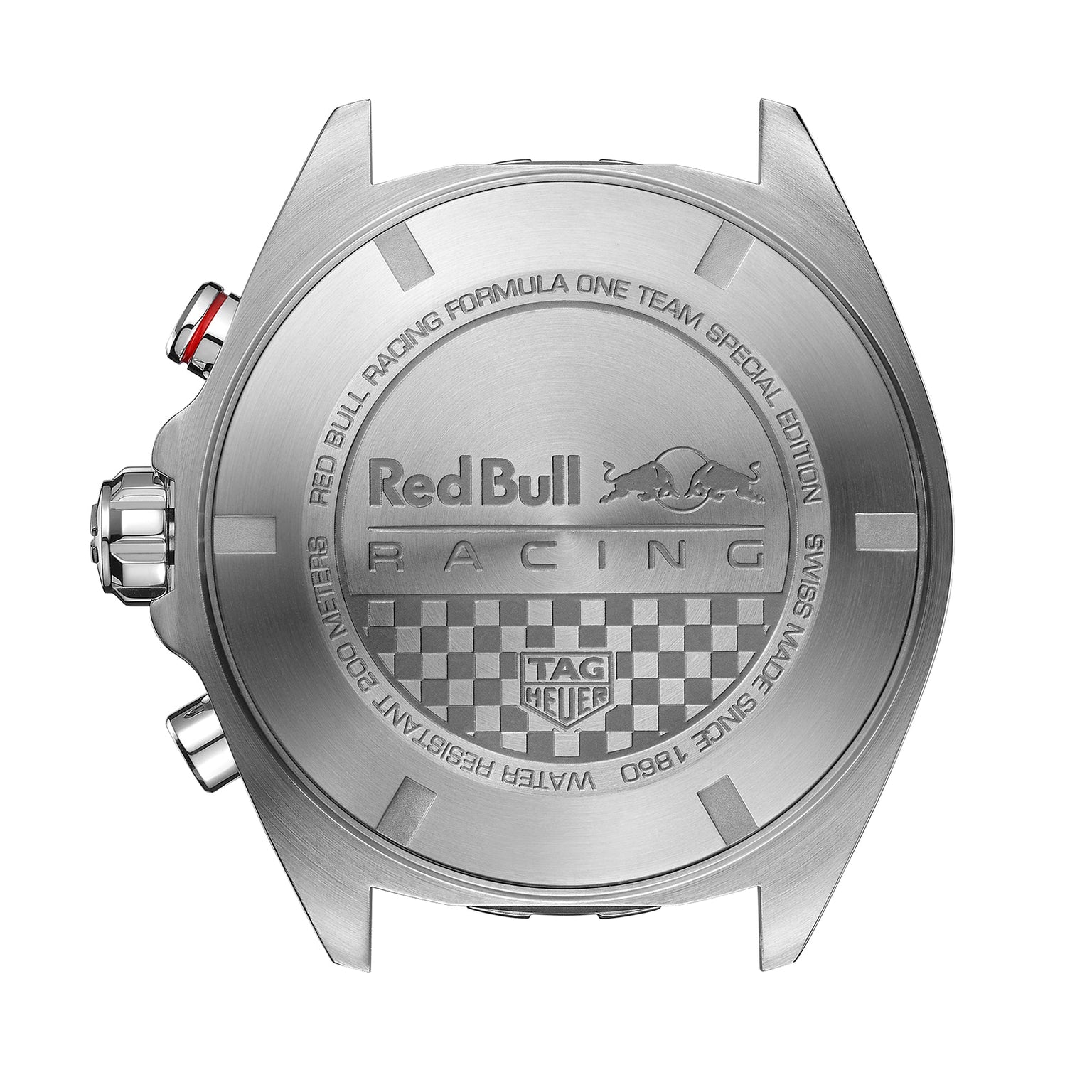 Back view of the TAG Heuer Special Edition Formula 1 Chronograph x Red Bull Racing, showcasing stainless steel, engraved Red Bull Racing and checkered flag motifs, push buttons, and detailed branding.