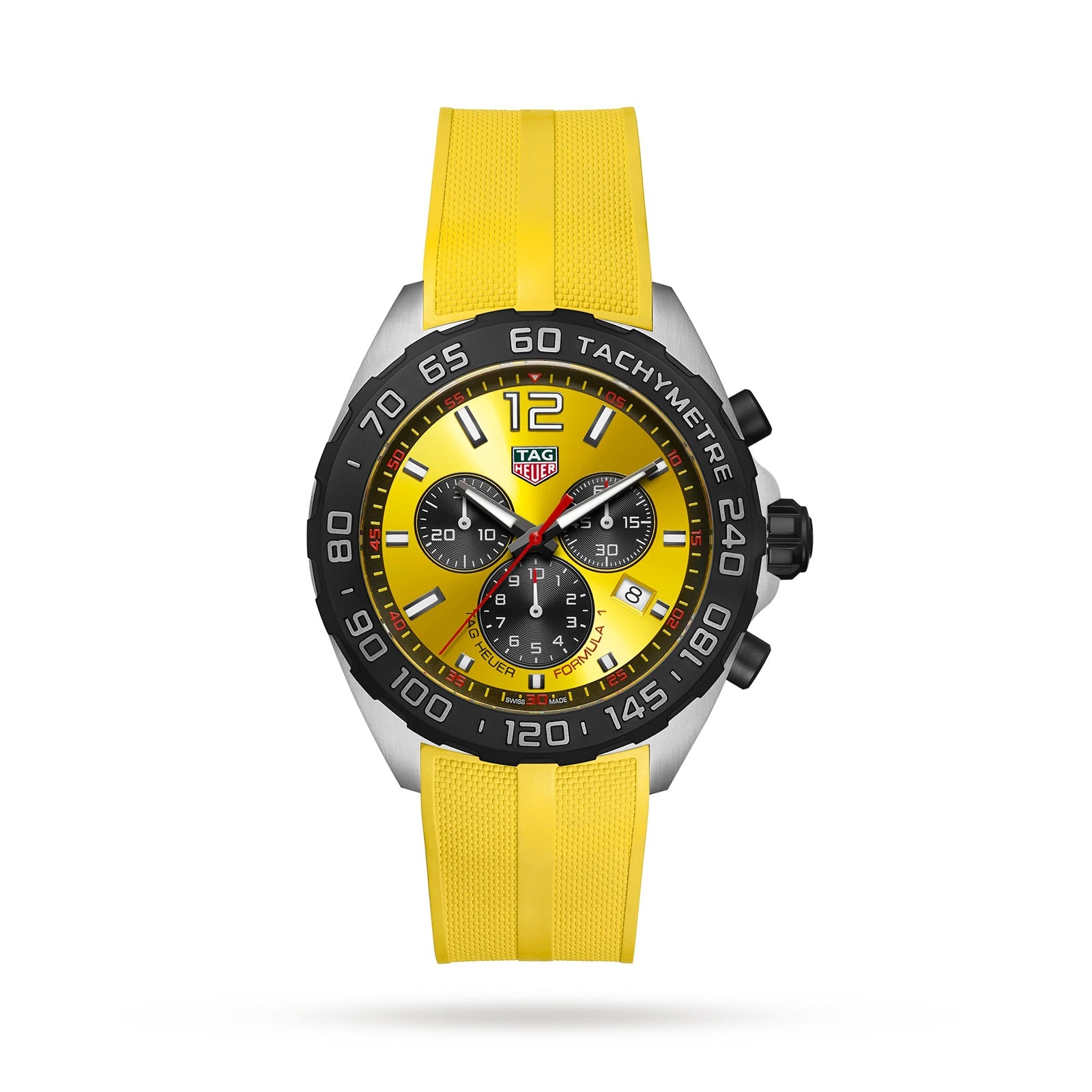 The TAG Heuer Formula 1 Chronograph features a yellow strap, yellow dial, black tachymeter bezel, three subdials, and precise quartz movement—all showcased on a clean white background.