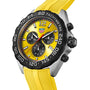 The TAG Heuer Formula 1 Chronograph features quartz movement, a black bezel, three subdials, and a yellow rubber strap.