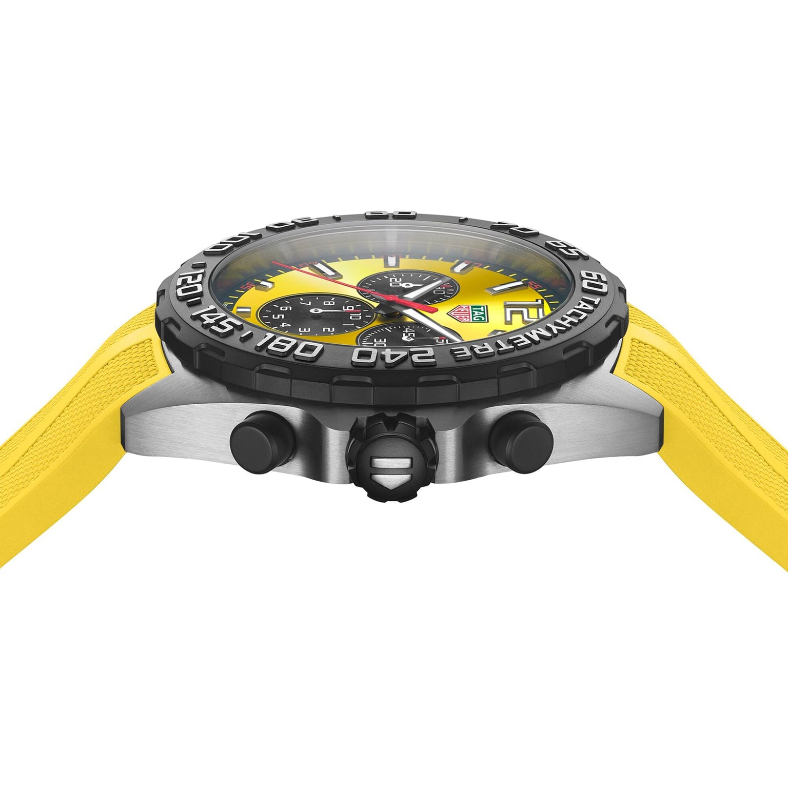 Side view of the TAG Heuer Formula 1 Chronograph featuring a yellow strap, black bezel, two buttons, a crown, and a yellow-black dial with chronograph subdials and precise quartz movement.