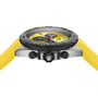 Side view of the TAG Heuer Formula 1 Chronograph featuring a yellow strap, black bezel, two buttons, a crown, and a yellow-black dial with chronograph subdials and precise quartz movement.