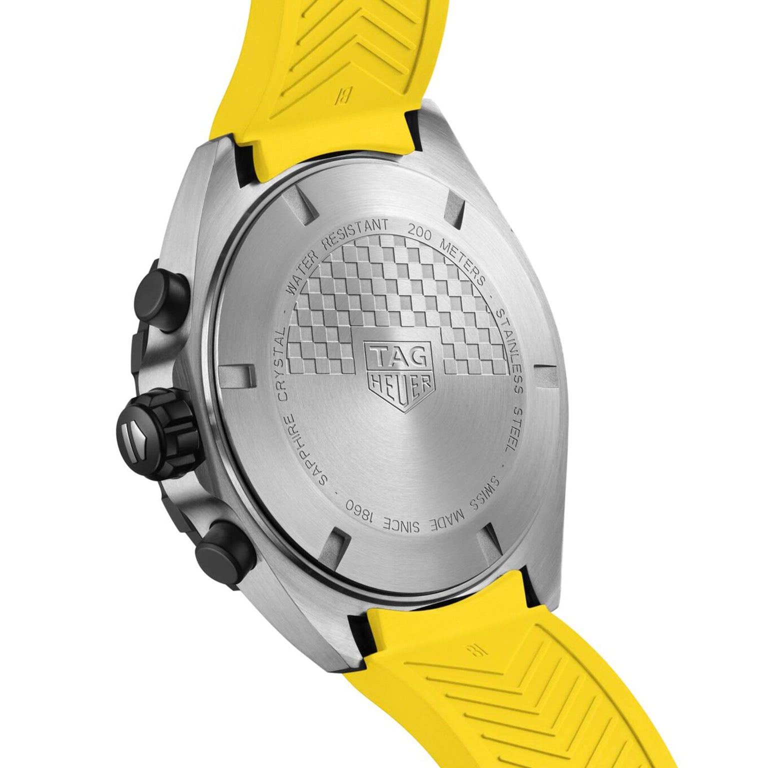 Back view of the TAG Heuer Formula 1 Chronograph with yellow rubber strap, stainless steel case, visible engravings, and black crown—an iconic quartz timepiece from TAG Heuer’s Formula 1 collection.