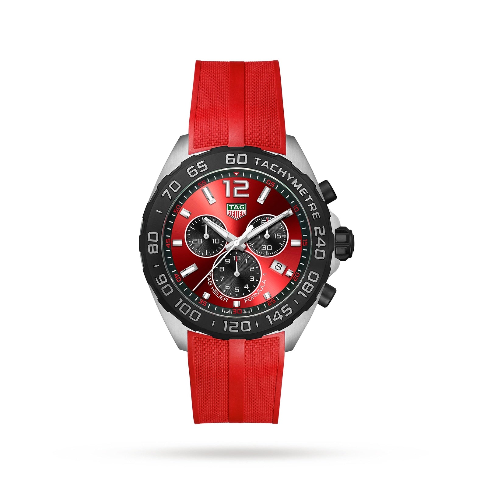 The TAG Heuer Formula 1 Chronograph features a red dial, black bezel, three subdials, stainless steel case, and red rubber strap against a white background.