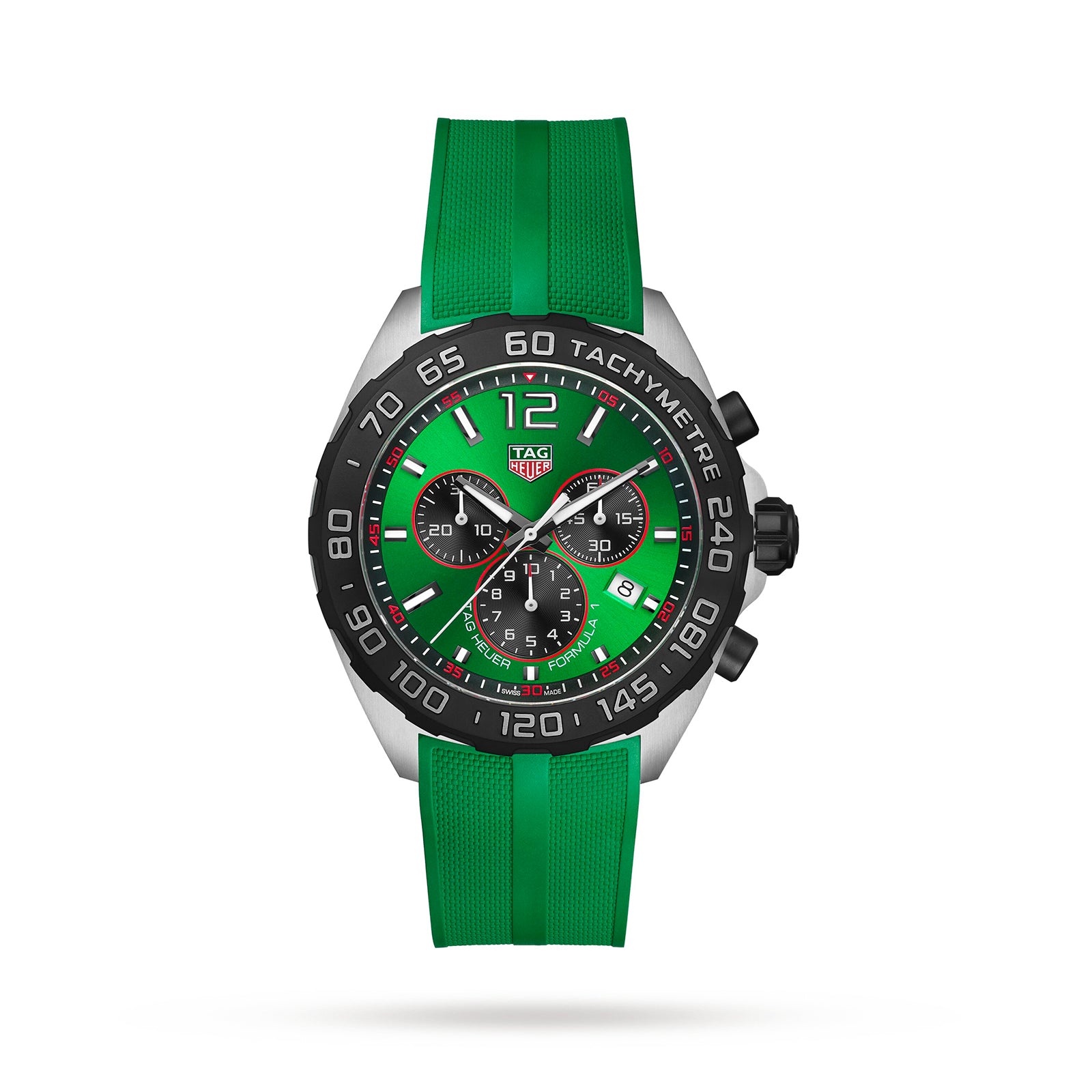 The TAG Heuer Formula 1 Chronograph features quartz movement, a green rubber strap, black tachymeter bezel, and three subdials on a green dial, shown against a white background.