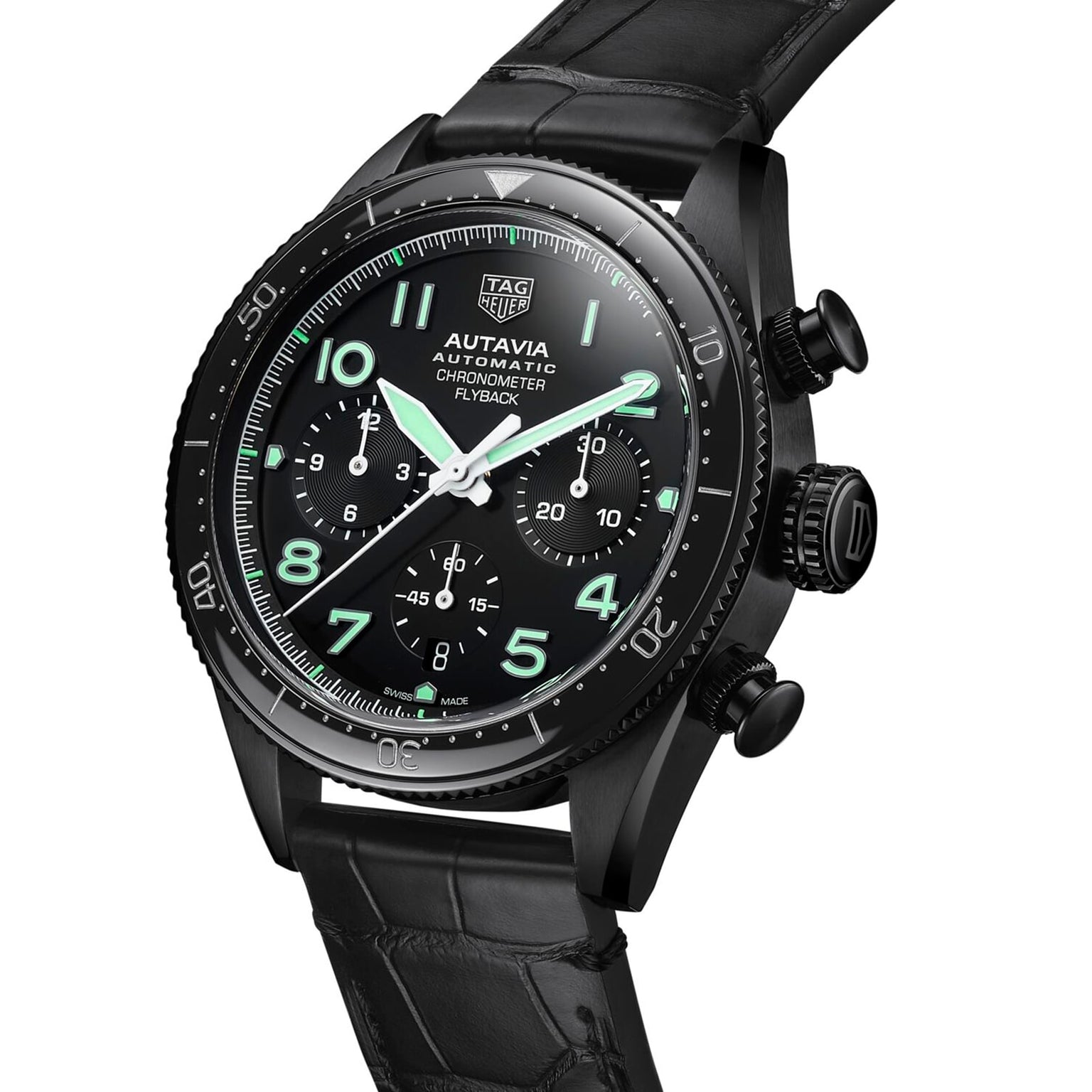 The TAG Heuer Autavia Flyback Chronometer features a black case, black leather strap, luminescent numerals and hands, and is powered by the calibre 02 Flyback movement.