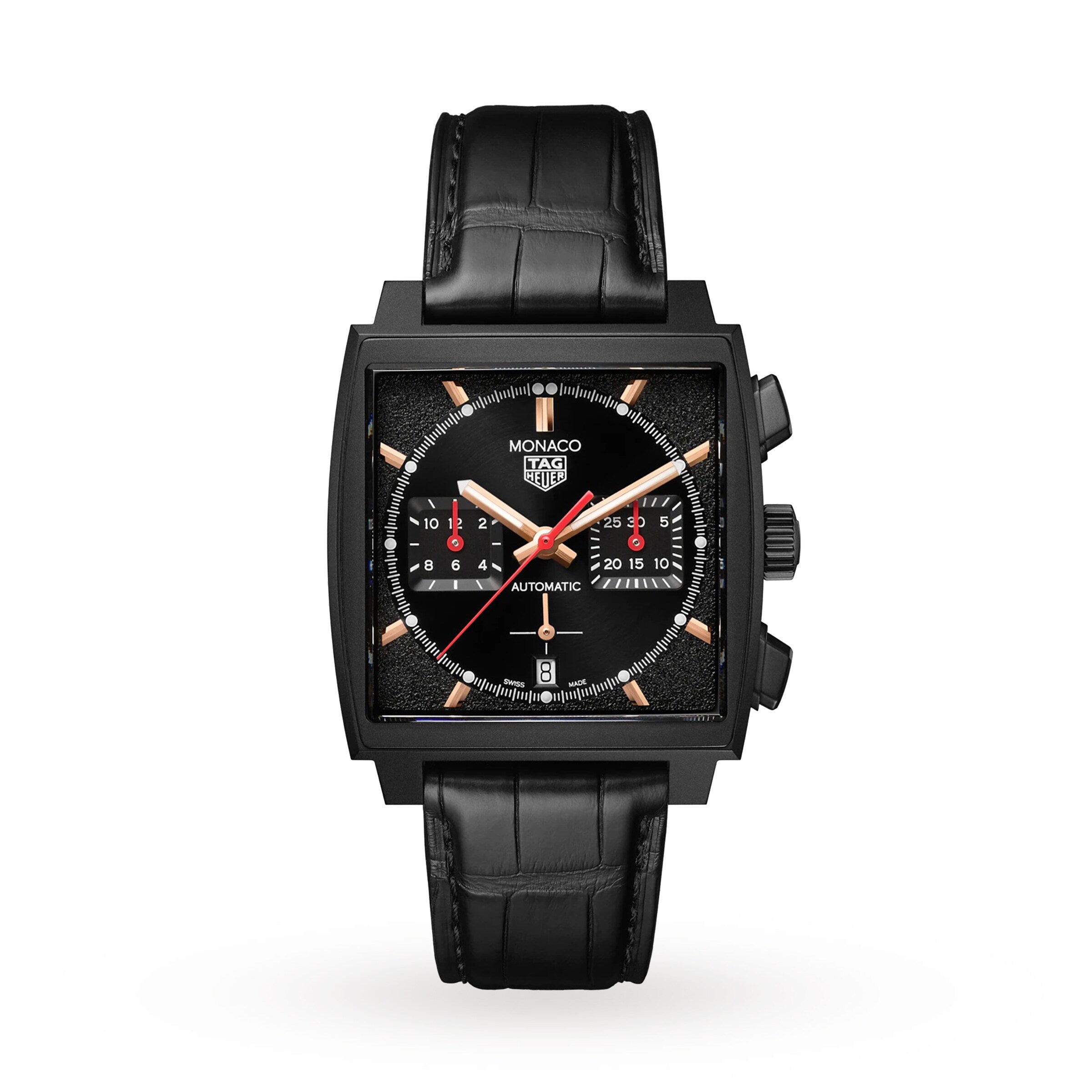 The TAG Heuer Monaco Chronograph, featuring a black DLC titanium square case, black leather strap, red hands, and Heuer 02 movement chronograph, is shown on a white background.