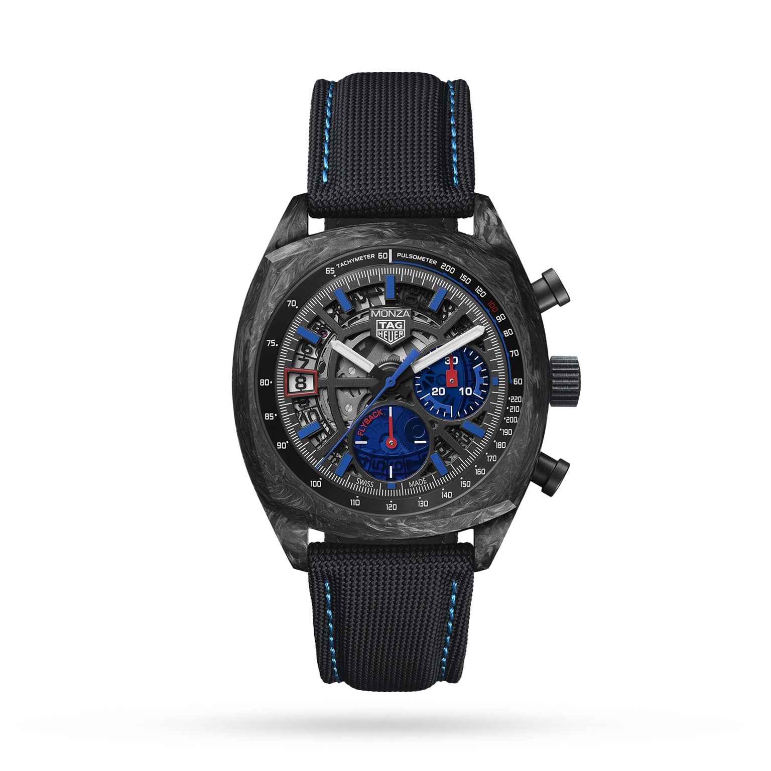 The COSC-certified TAG Heuer Monza Flyback Chronometer features a black carbon case, skeleton dial with blue and red accents, black strap with blue stitching, and three sub-dials inspired by motorsports.