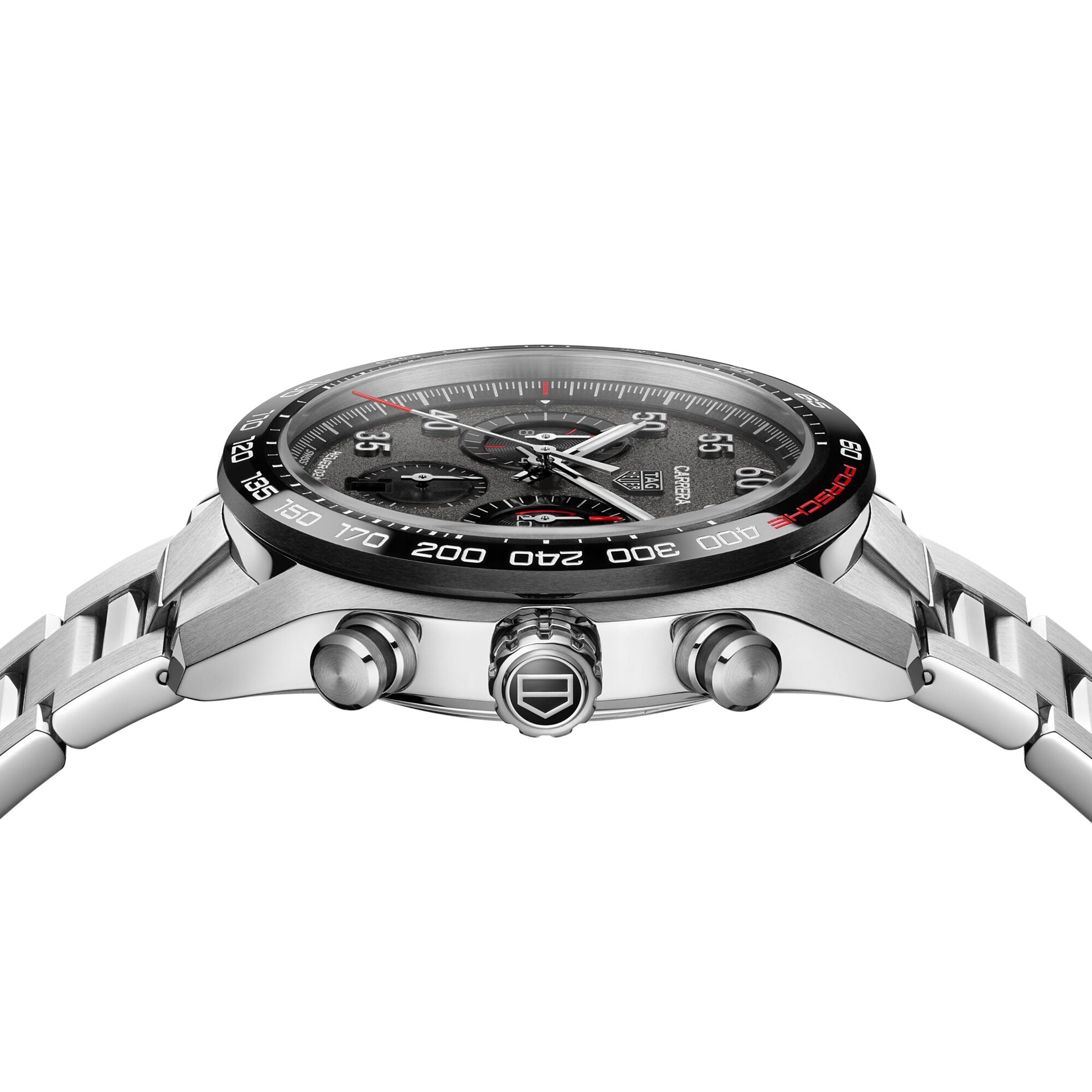 Side view of the TAG Heuer Special Edition Carrera Chronograph x Porsche wristwatch with a black bezel, two pushers, and a stainless steel bracelet.