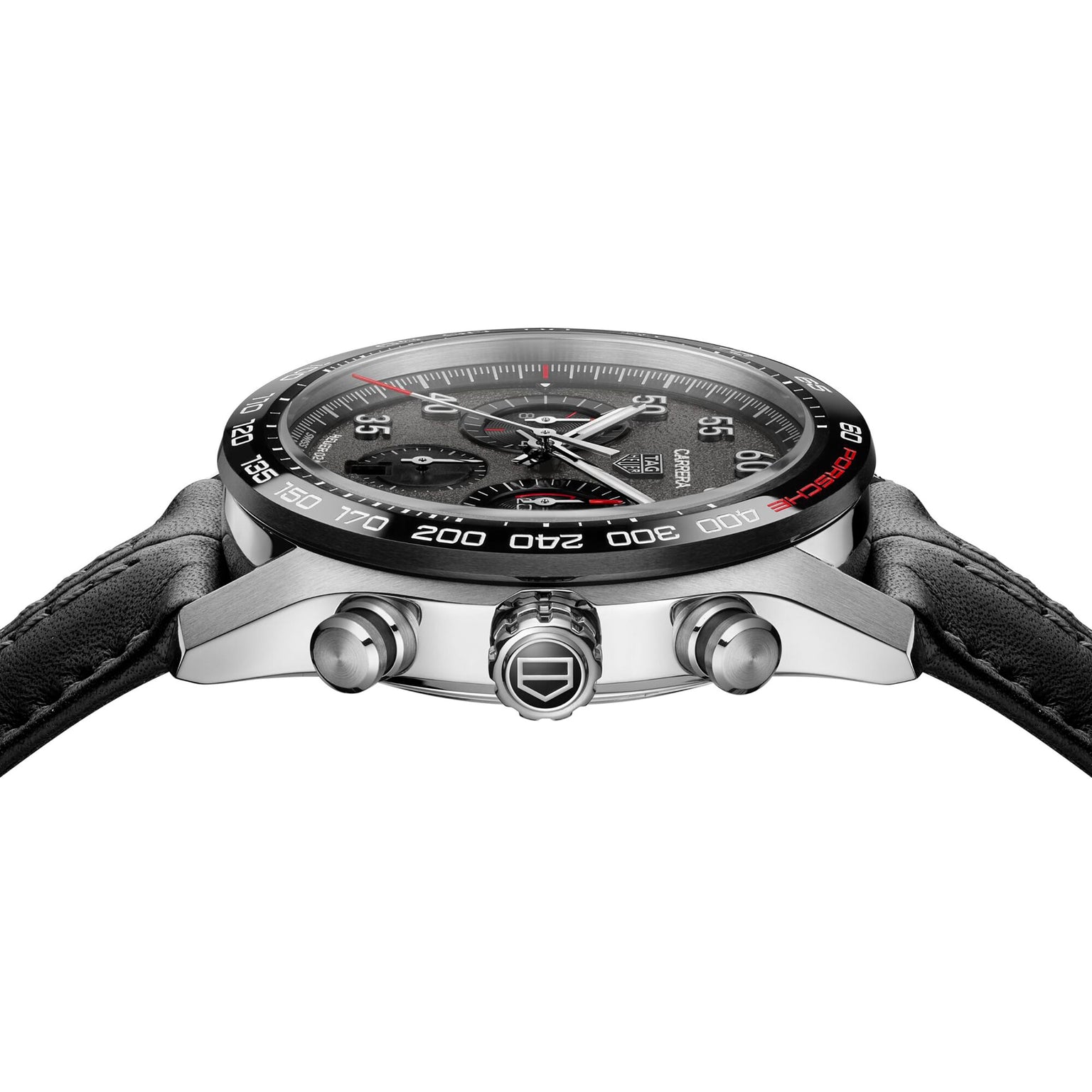 Side view of the TAG Heuer Special Edition Carrera Chronograph x Porsche, featuring a black leather strap, two push buttons, and tachymeter markings on the bezel.