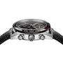 Side view of the TAG Heuer Special Edition Carrera Chronograph x Porsche, featuring a black leather strap, two push buttons, and tachymeter markings on the bezel.