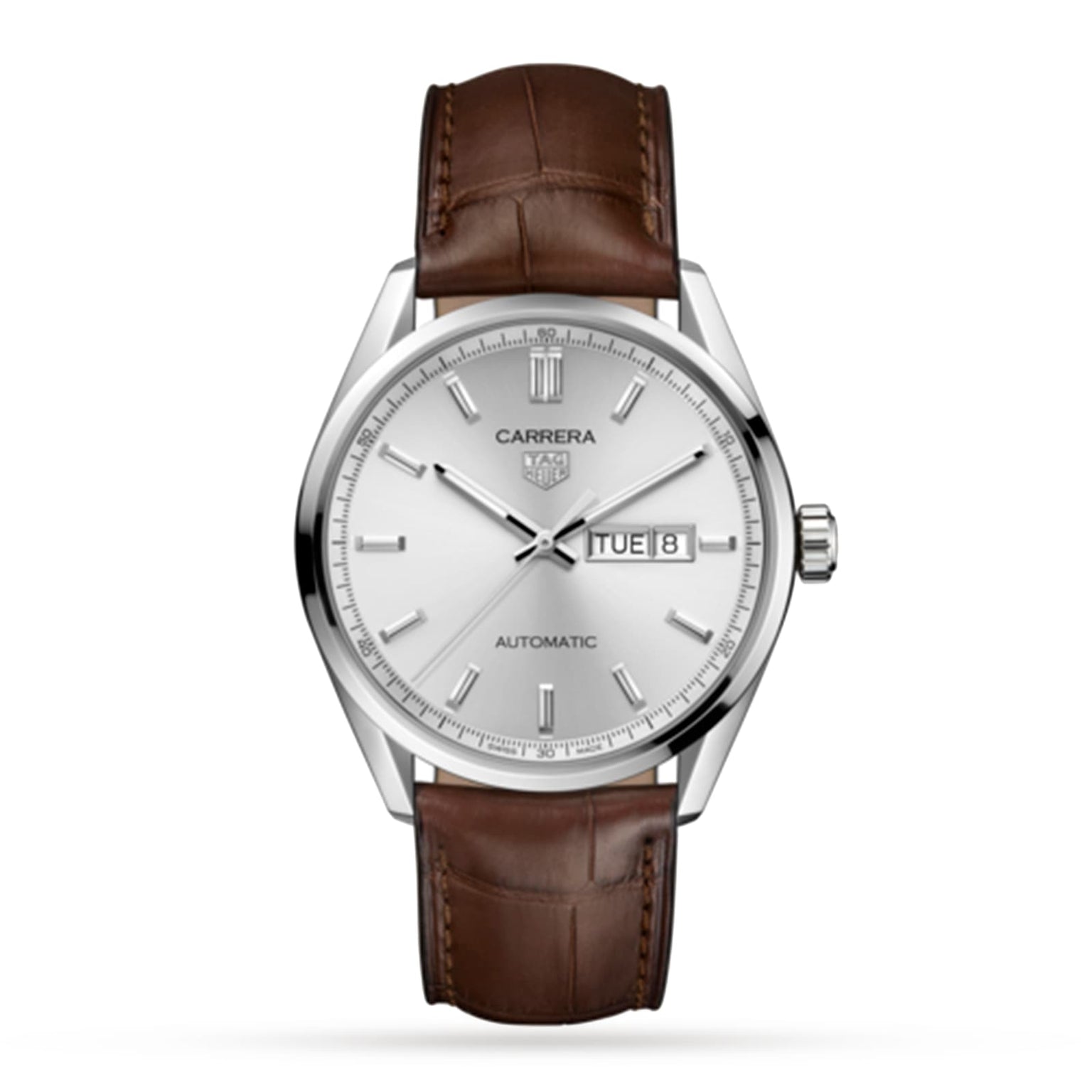 The TAG Heuer Carrera Day-Date is a silver automatic wristwatch with calibre 5 movement, silver dial, day-date at 3 o’clock, and a classic brown alligator leather strap.