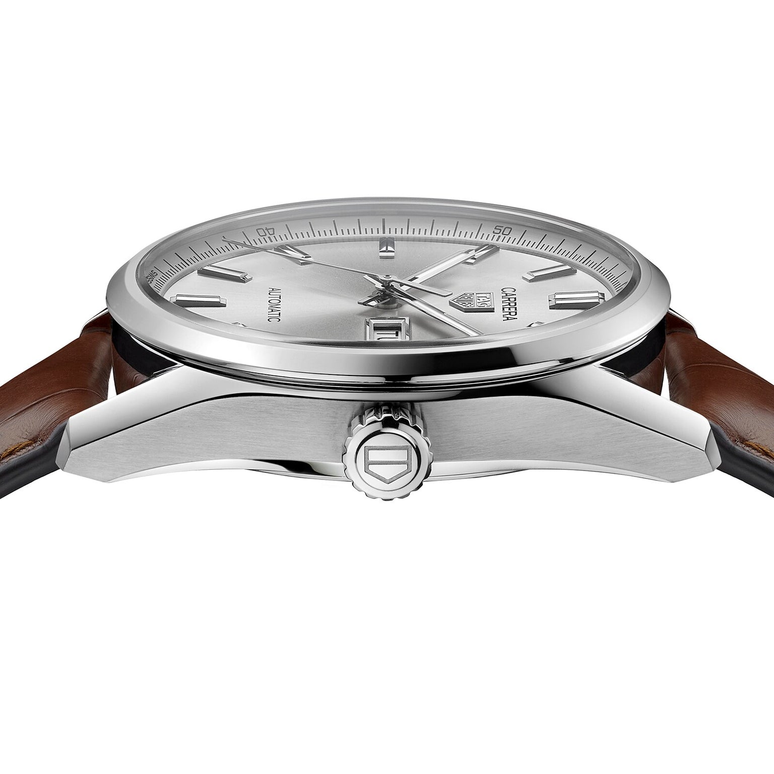 A close-up side view of the TAG Heuer Carrera Day-Date, showing its silver case, crown, brown alligator leather strap, and part of the silver dial with a date window.