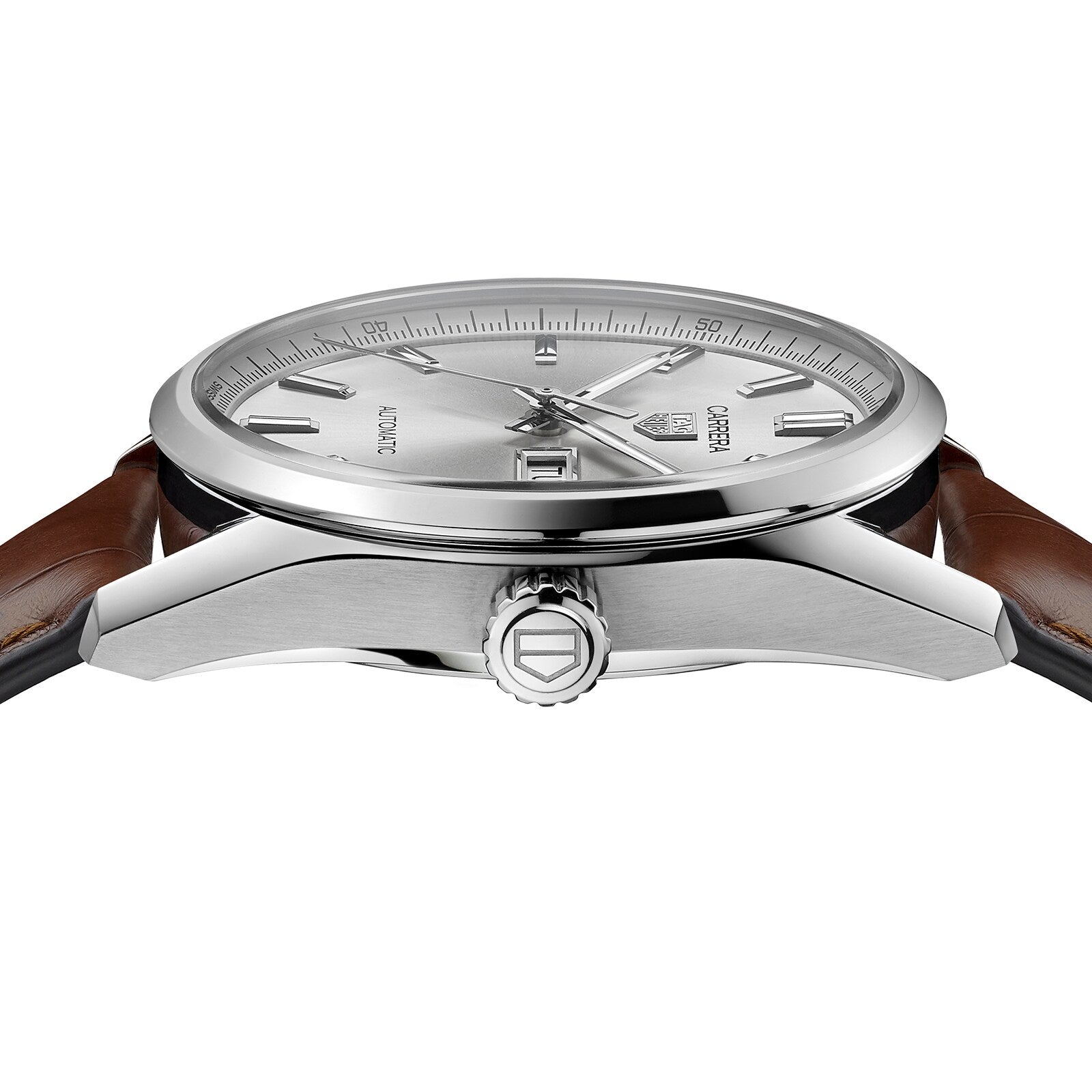 A close-up side view of the TAG Heuer Carrera Day-Date, showing its silver case, crown, brown alligator leather strap, and part of the silver dial with a date window.
