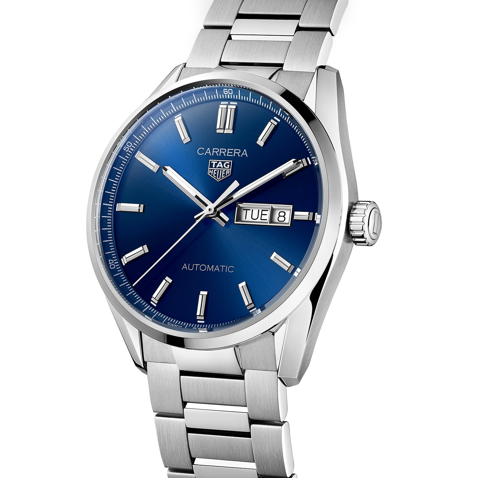 The TAG Heuer Carrera Day-Date is a silver wristwatch with a blue sunray dial, silver hour markers, and a day-date display (Tuesday the 8th), powered by an automatic movement.