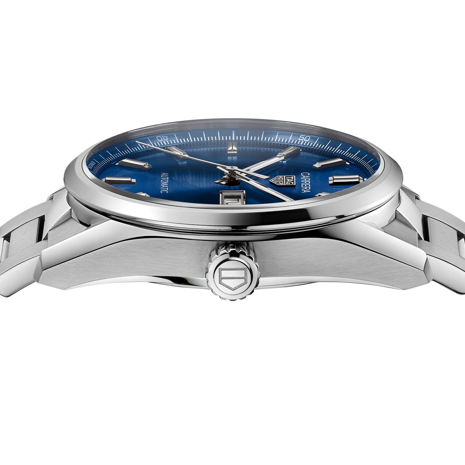 Side view of the TAG Heuer Carrera Day-Date stainless steel watch with a blue sunray dial, silver hour markers, metal link bracelet, and calibre 5 automatic movement.