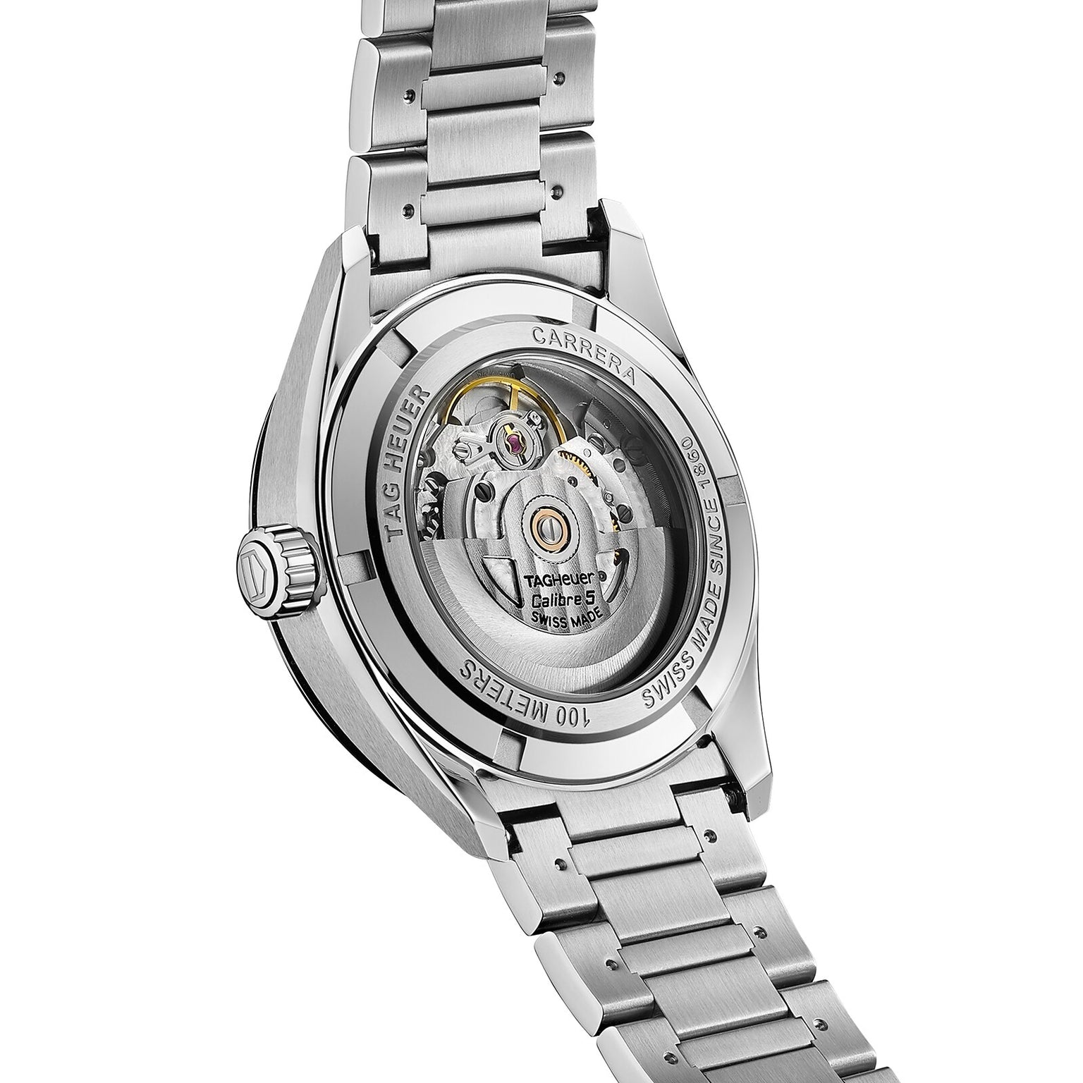 The back of the TAG Heuer Carrera Date watch showcases its automatic movement through a transparent case back, with Carrera Date branding and details engraved around the edge.