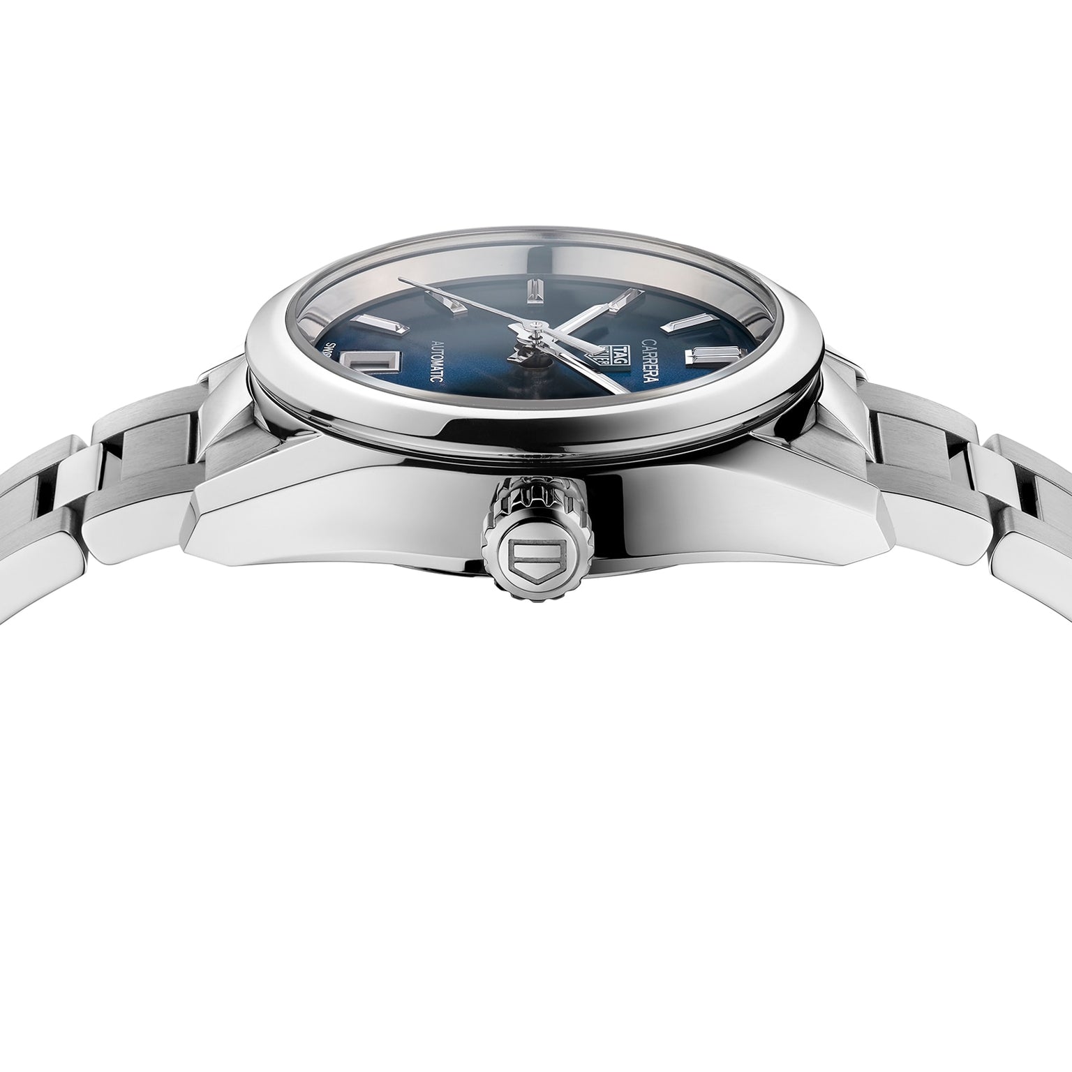A close-up side view of the TAG Heuer Carrera Date stainless steel watch with a blue sunray dial and metal bracelet, highlighting the crown and part of the case.