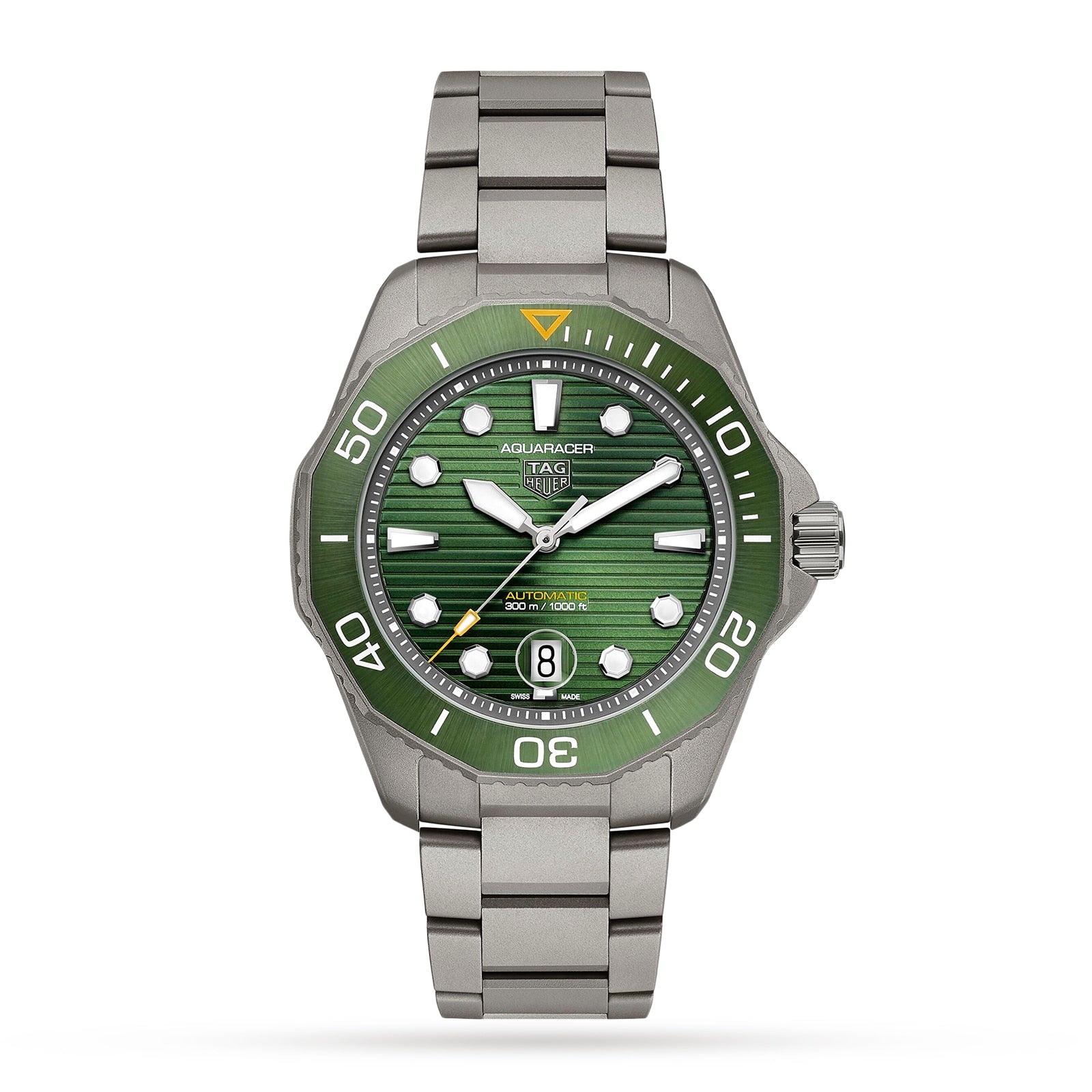 The TAG Heuer Aquaracer Professional 300 Date features a stainless steel bracelet, green dial and bezel, silver hour markers, date display, and a sturdy titanium case for peak sports performance.