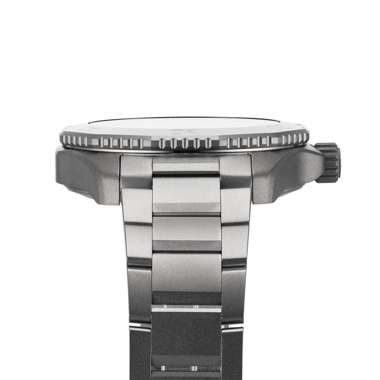 The TAG Heuer Aquaracer Professional 300 Date is a silver metal watch with a ridged bezel, displayed from the side and featuring a metal link band.