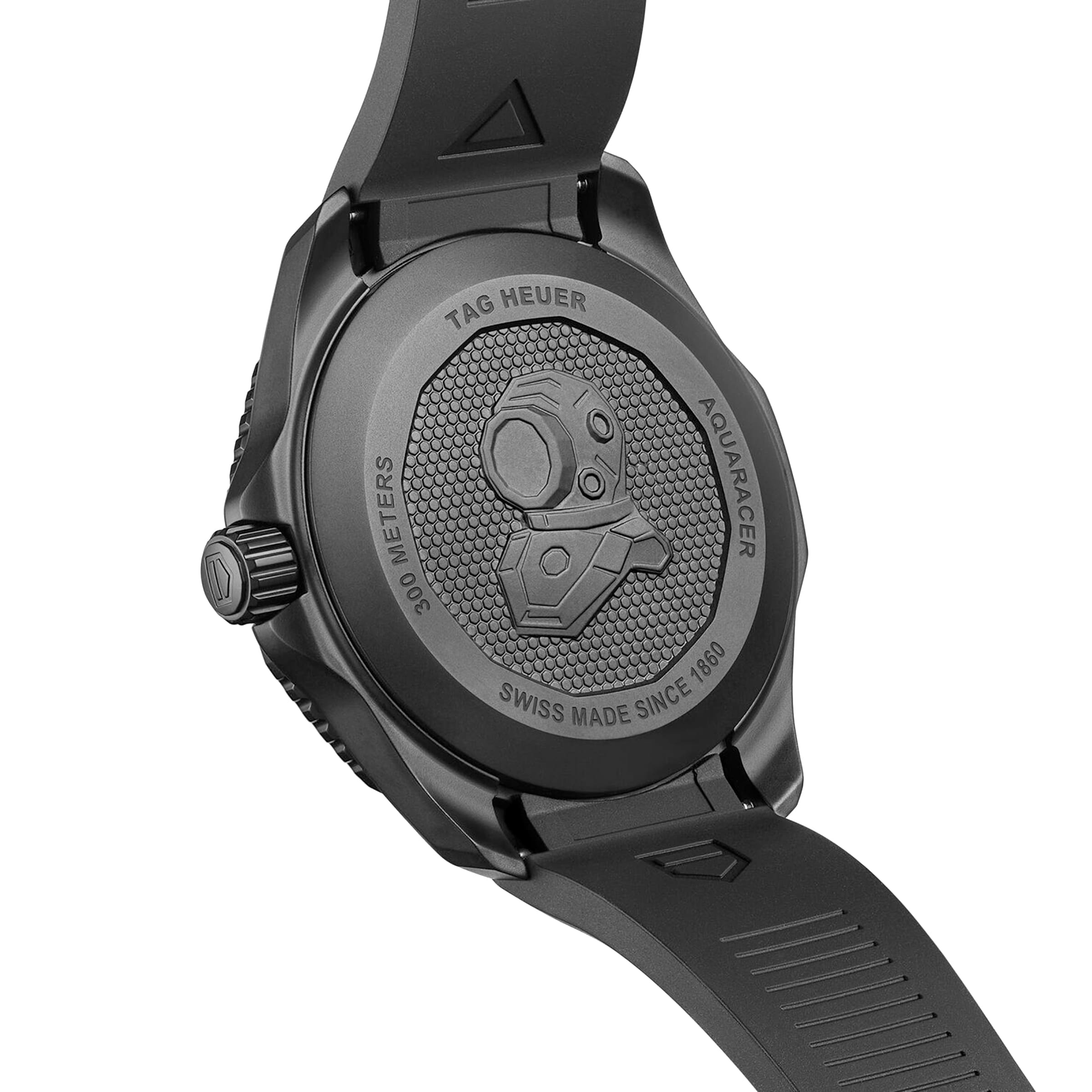 Close-up of the back of a TAG Heuer Aquaracer Professional 300 Date, highlighting the engraved details, diving helmet motif, automatic movement, and exceptional water resistance.